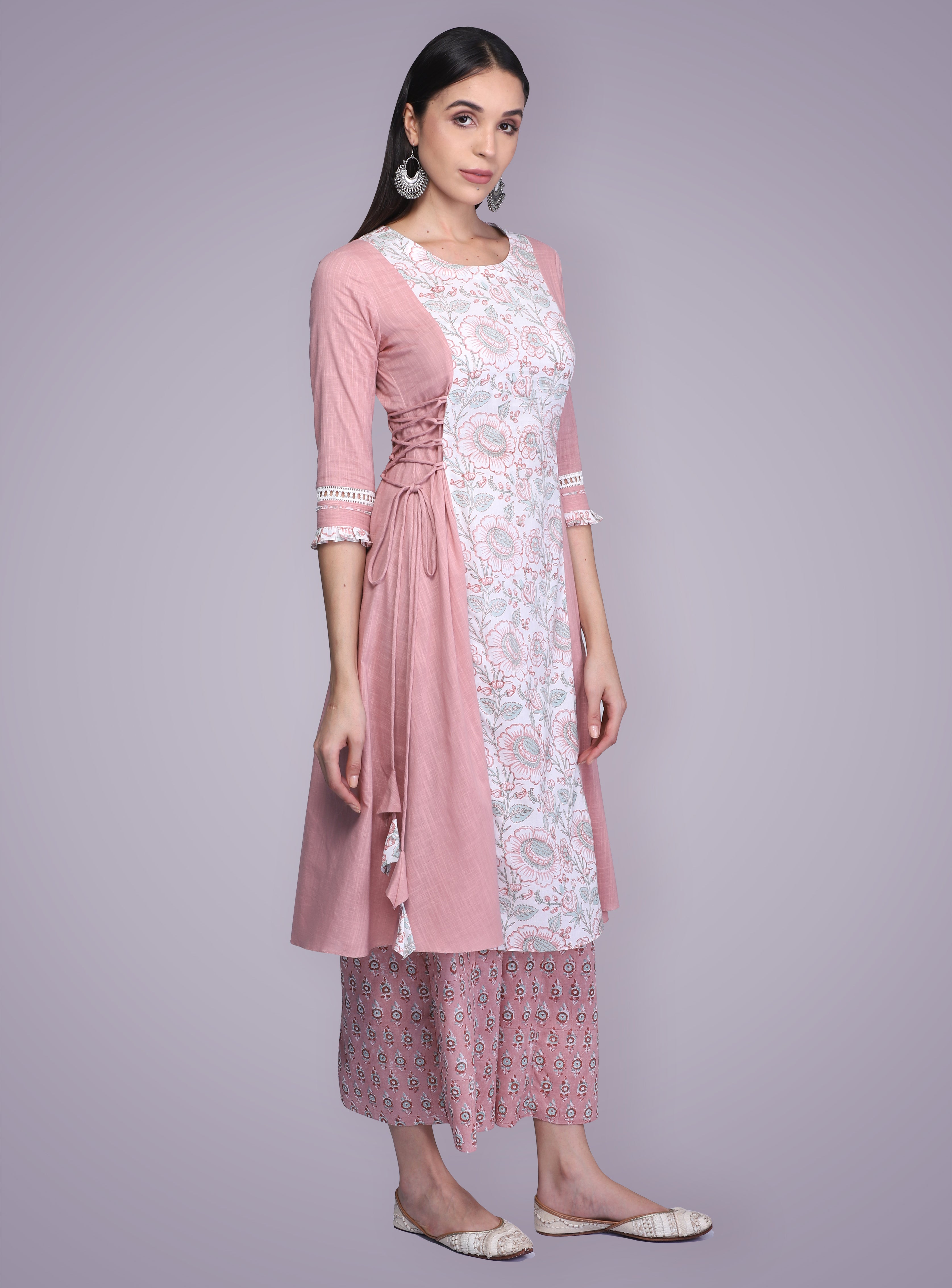 Peach floral Block Printed Lace Suit Set