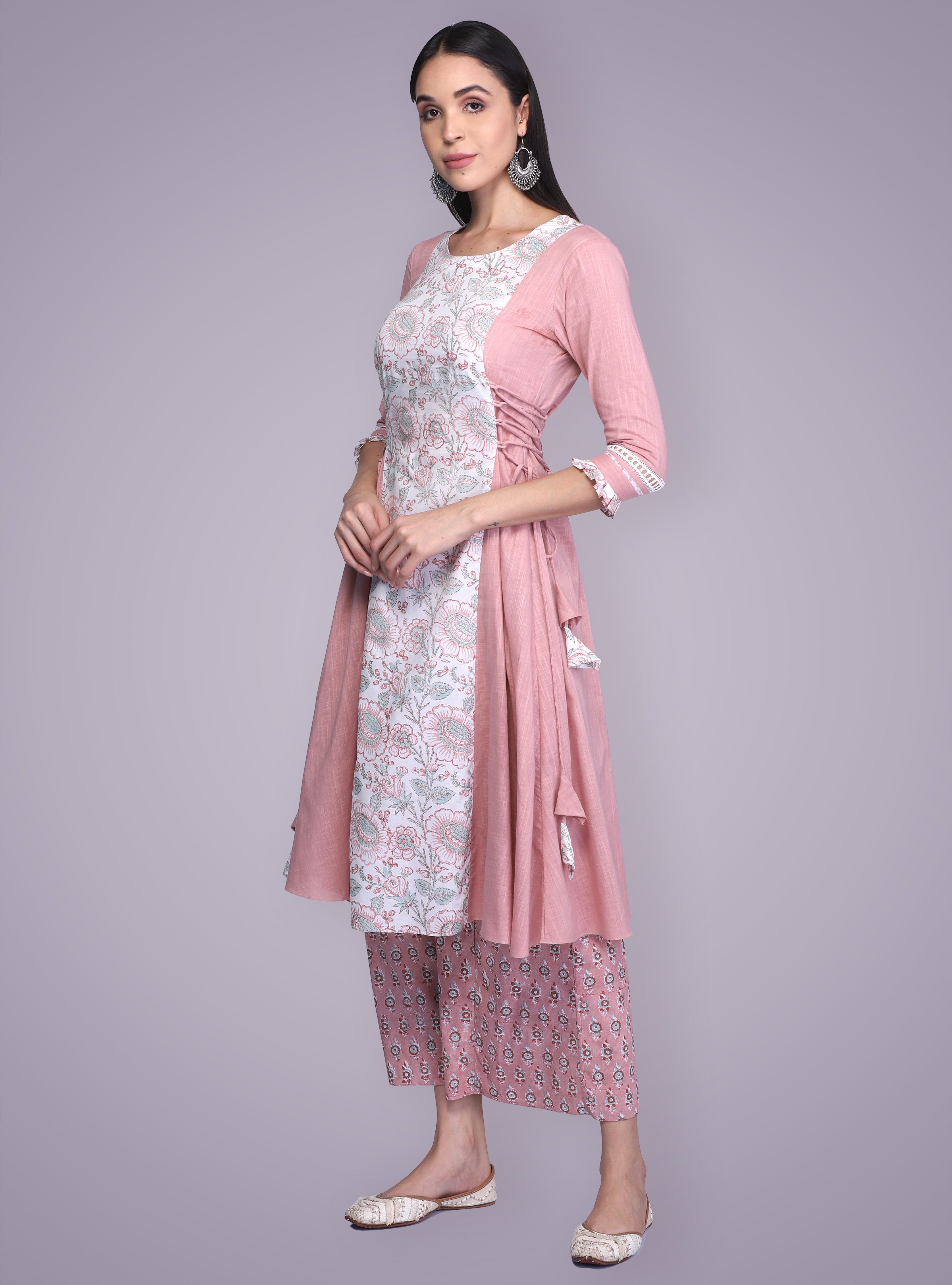 Peach floral Block Printed Lace Suit Set