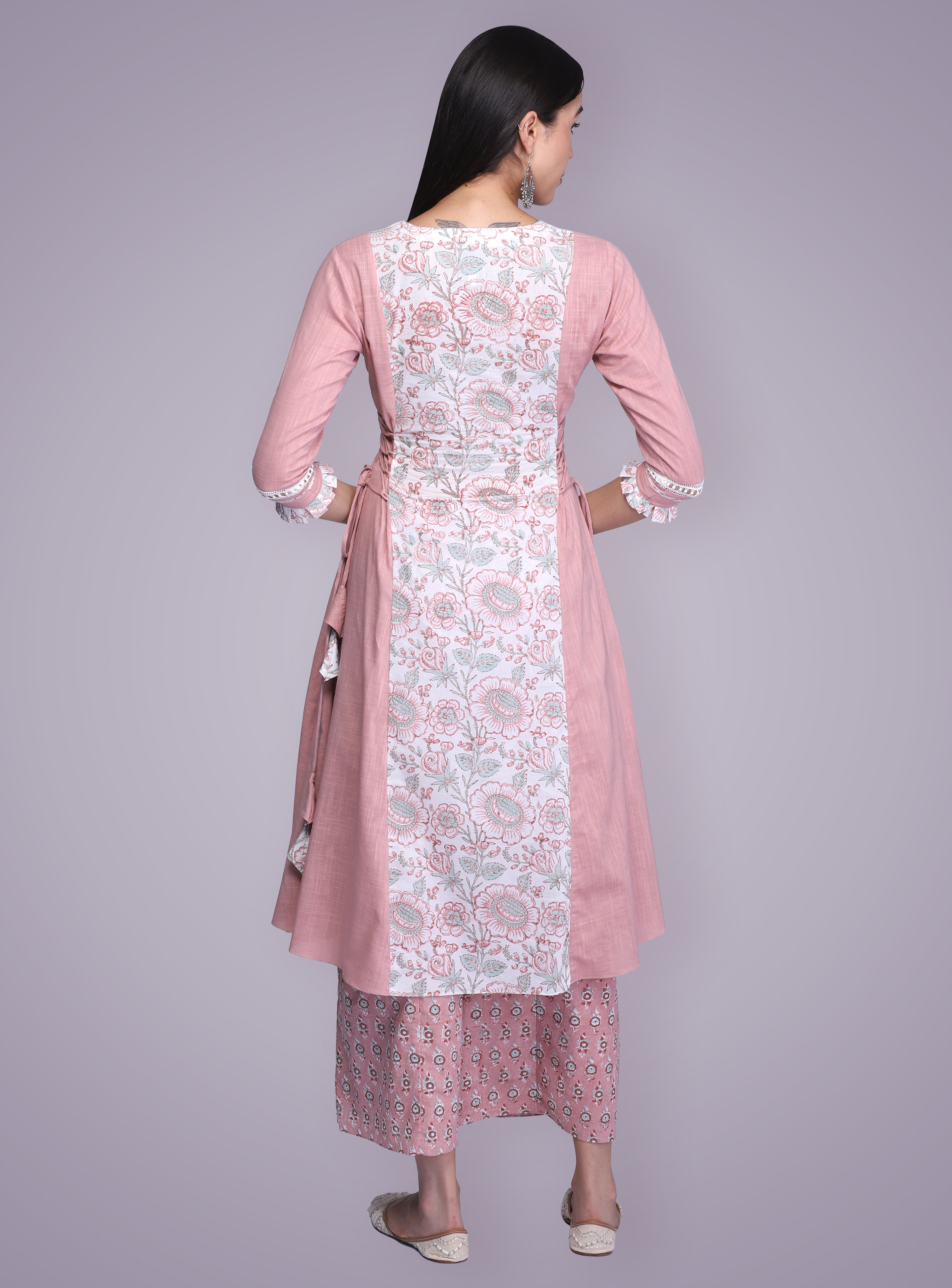 Peach floral Block Printed Lace Suit Set