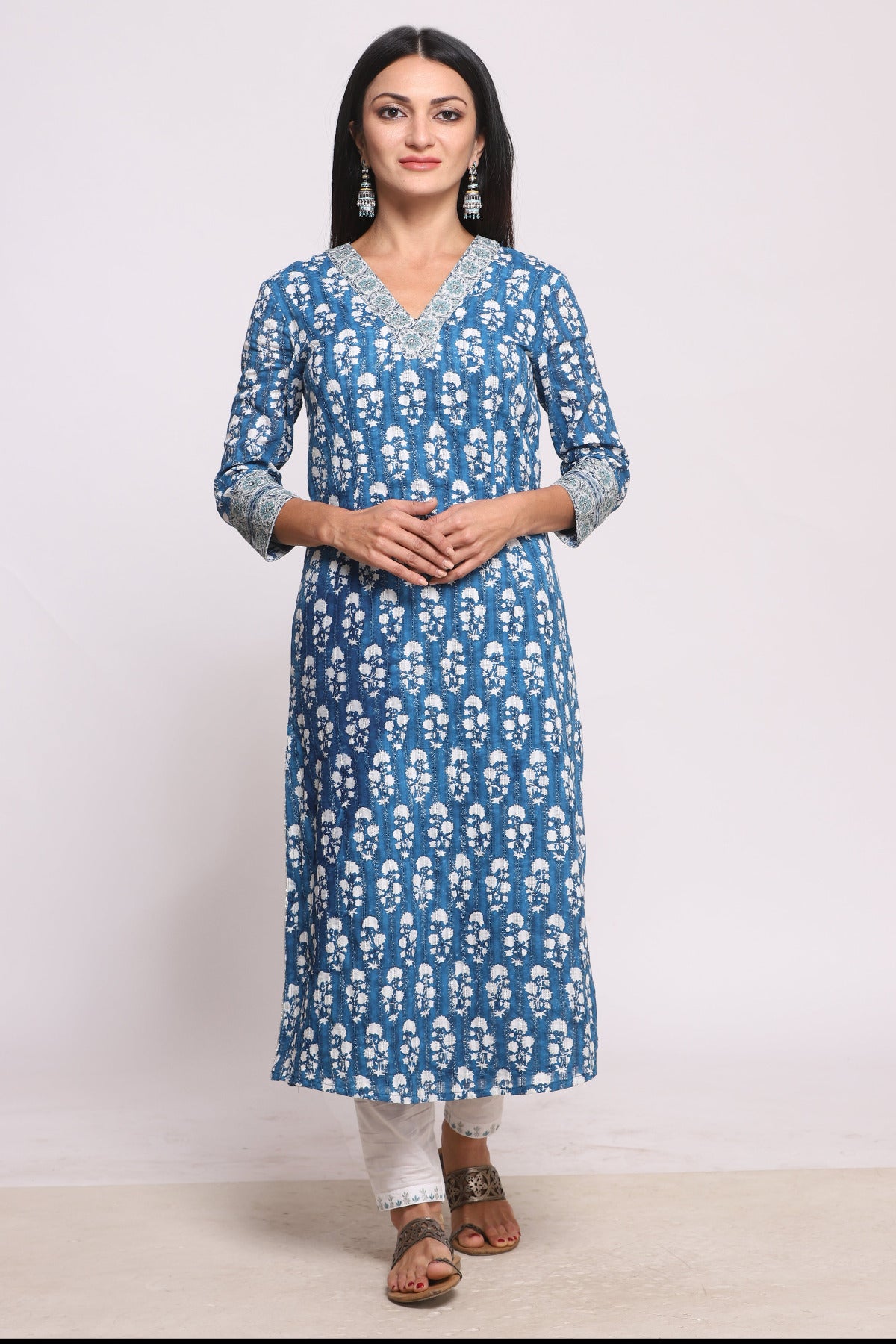 Indigo Block Printed & Embroidered Cotton Kurta