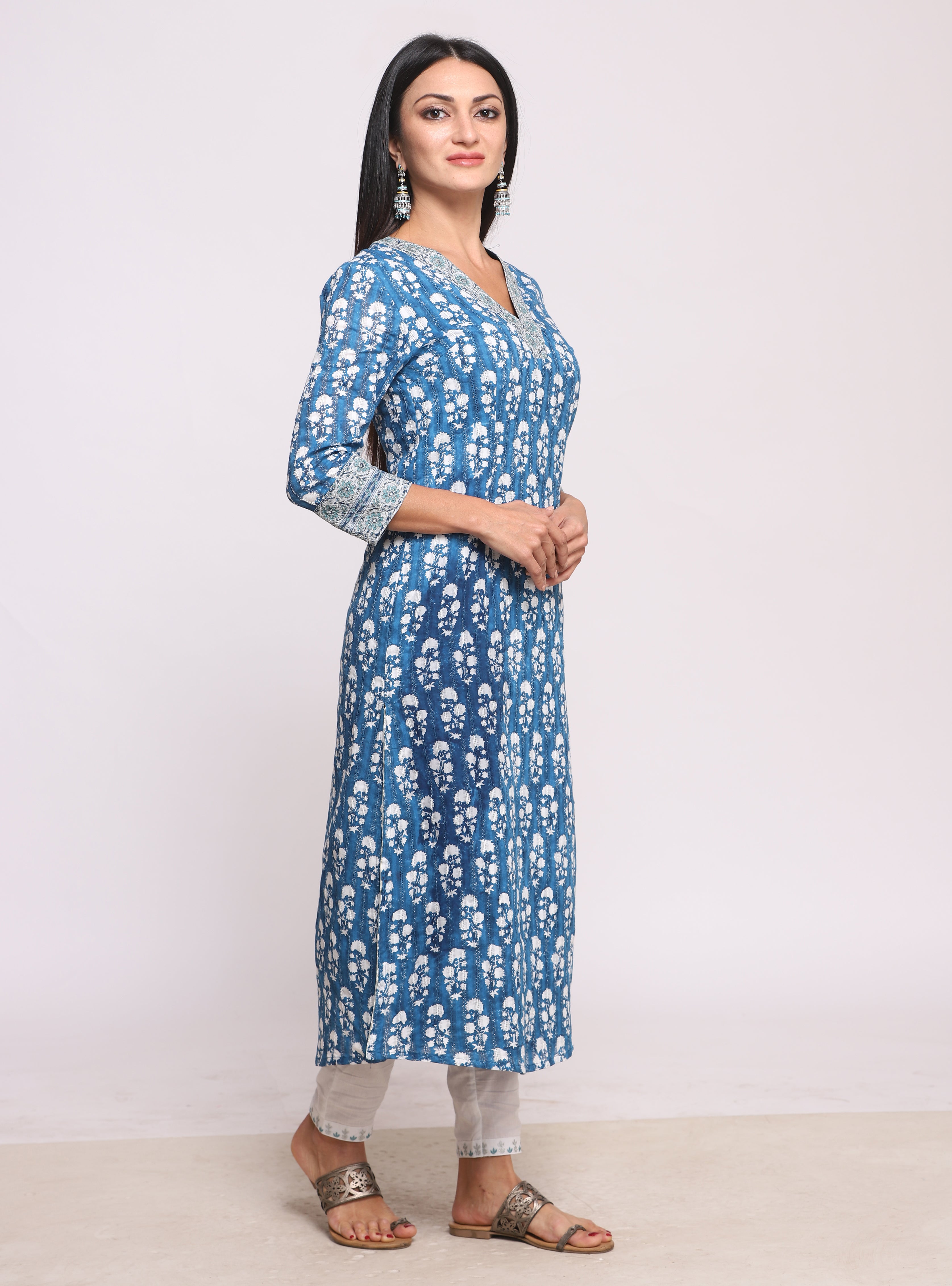 Indigo Block Printed & Embroidered Cotton Kurta