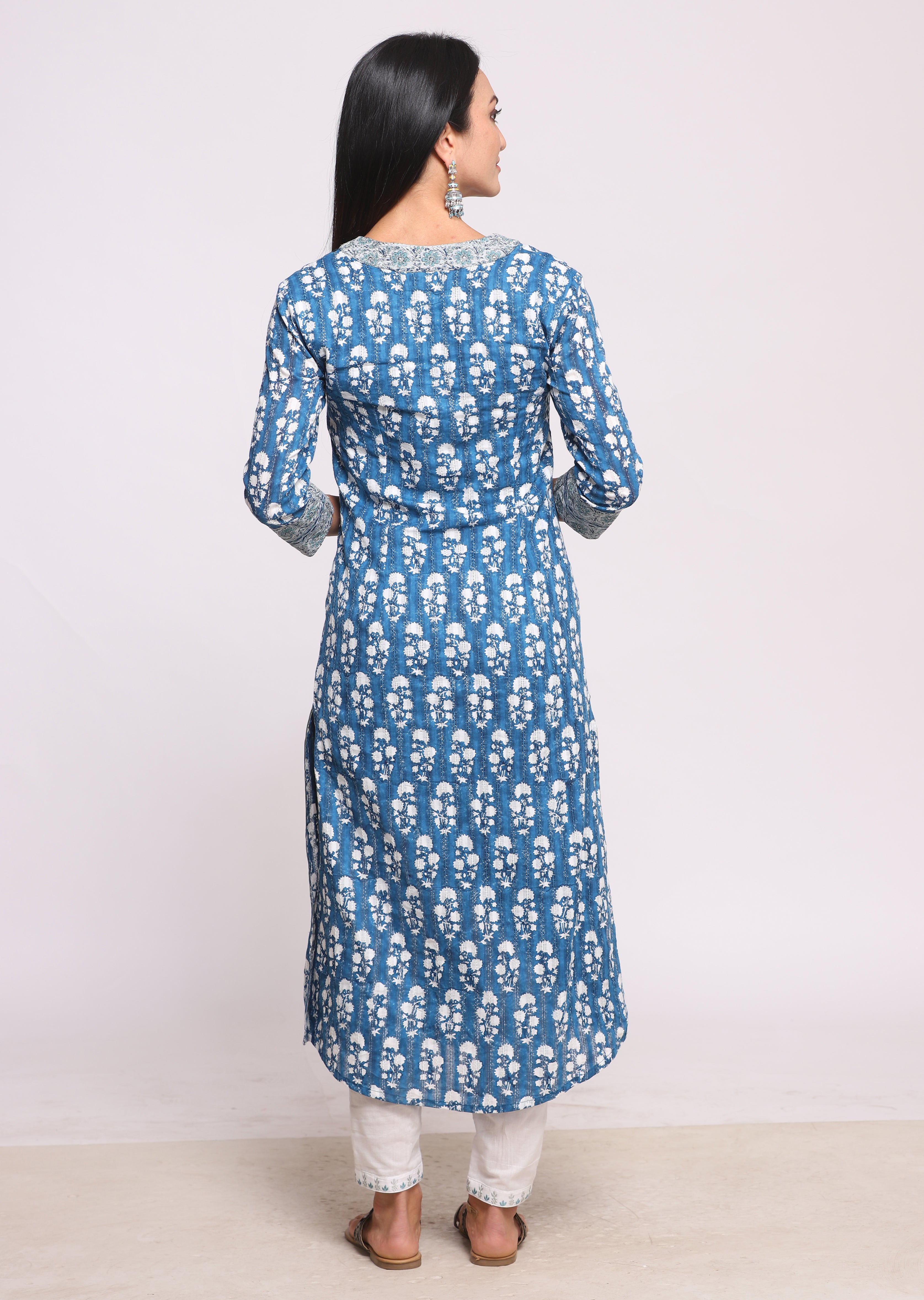 Indigo Block Printed & Embroidered Cotton Kurta