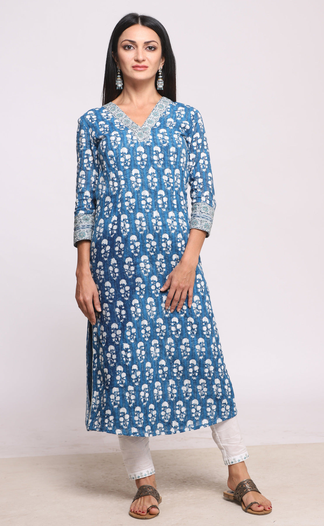 Indigo Block Printed & Embroidered Cotton Kurta