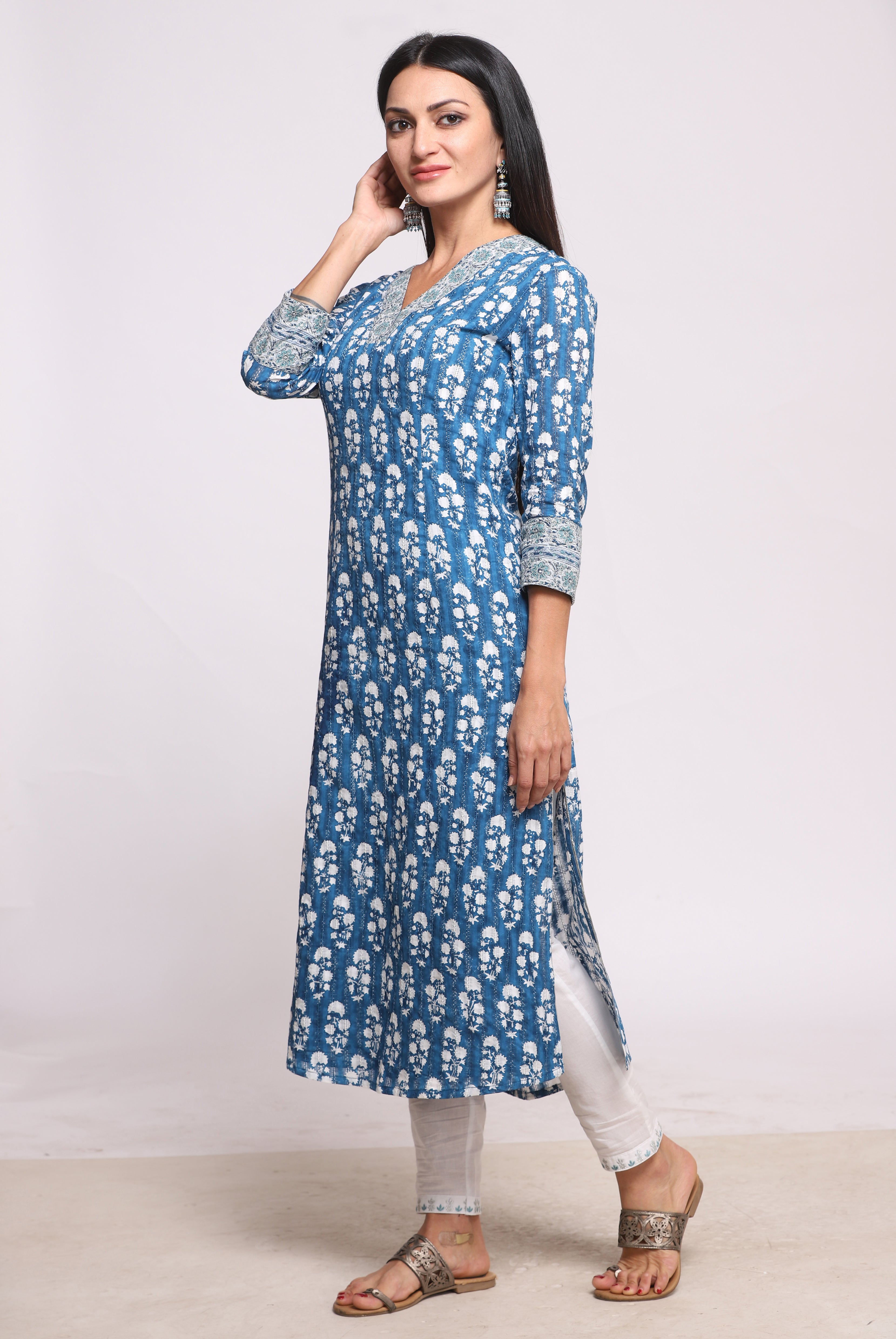 Indigo Block Printed & Embroidered Cotton Kurta