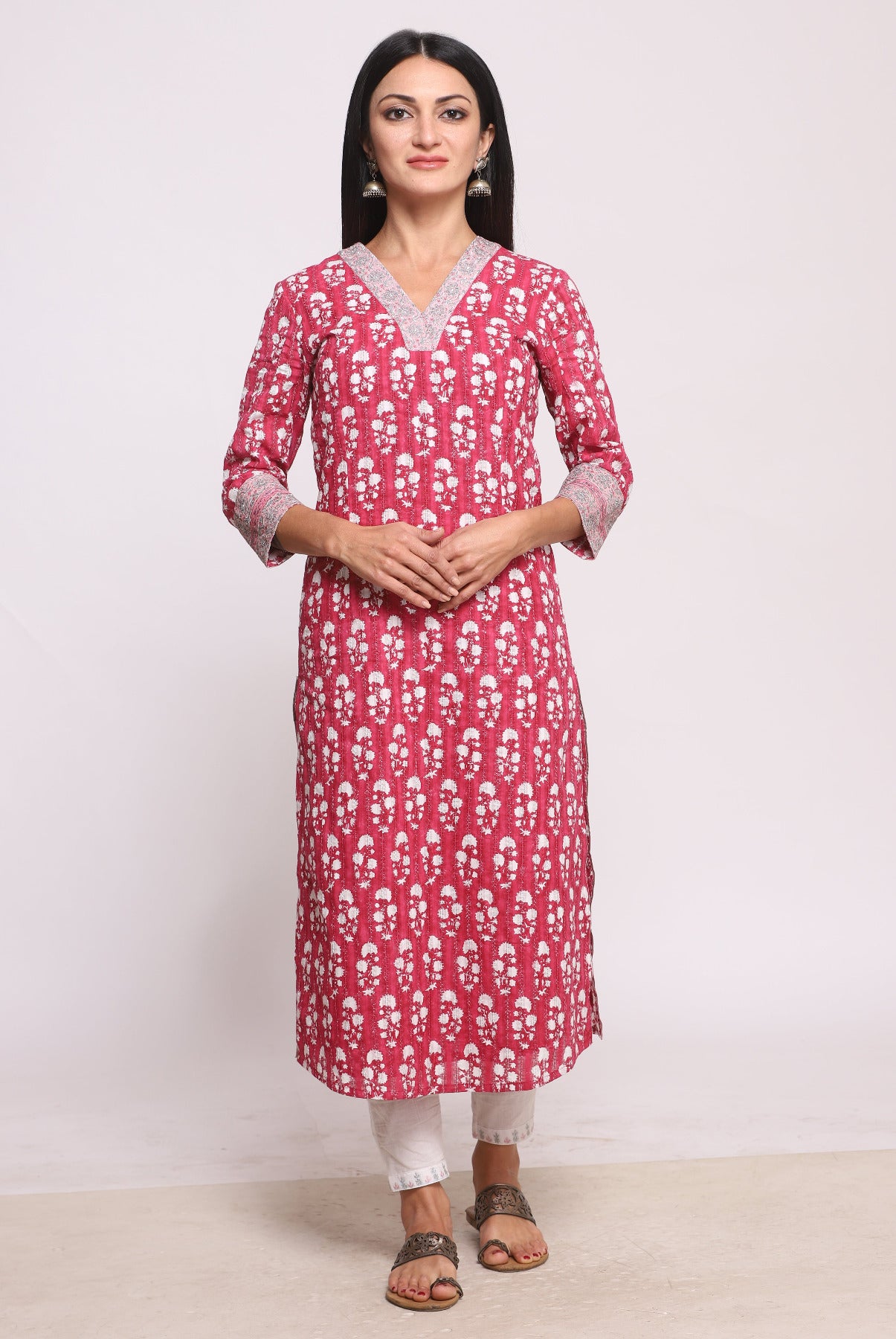 Magenta Pink Block Printed & Embroidered Cotton Kurta