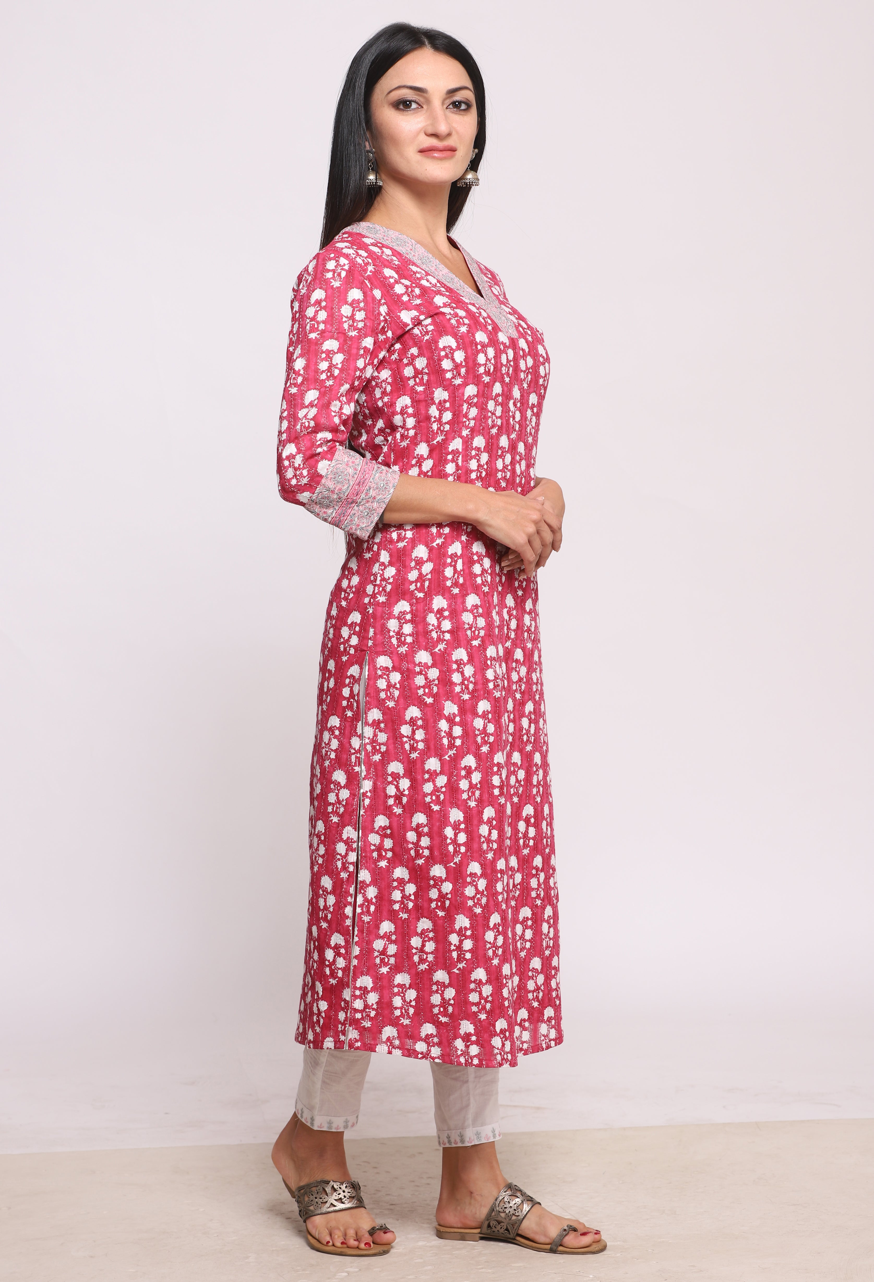 Magenta Pink Block Printed & Embroidered Cotton Kurta