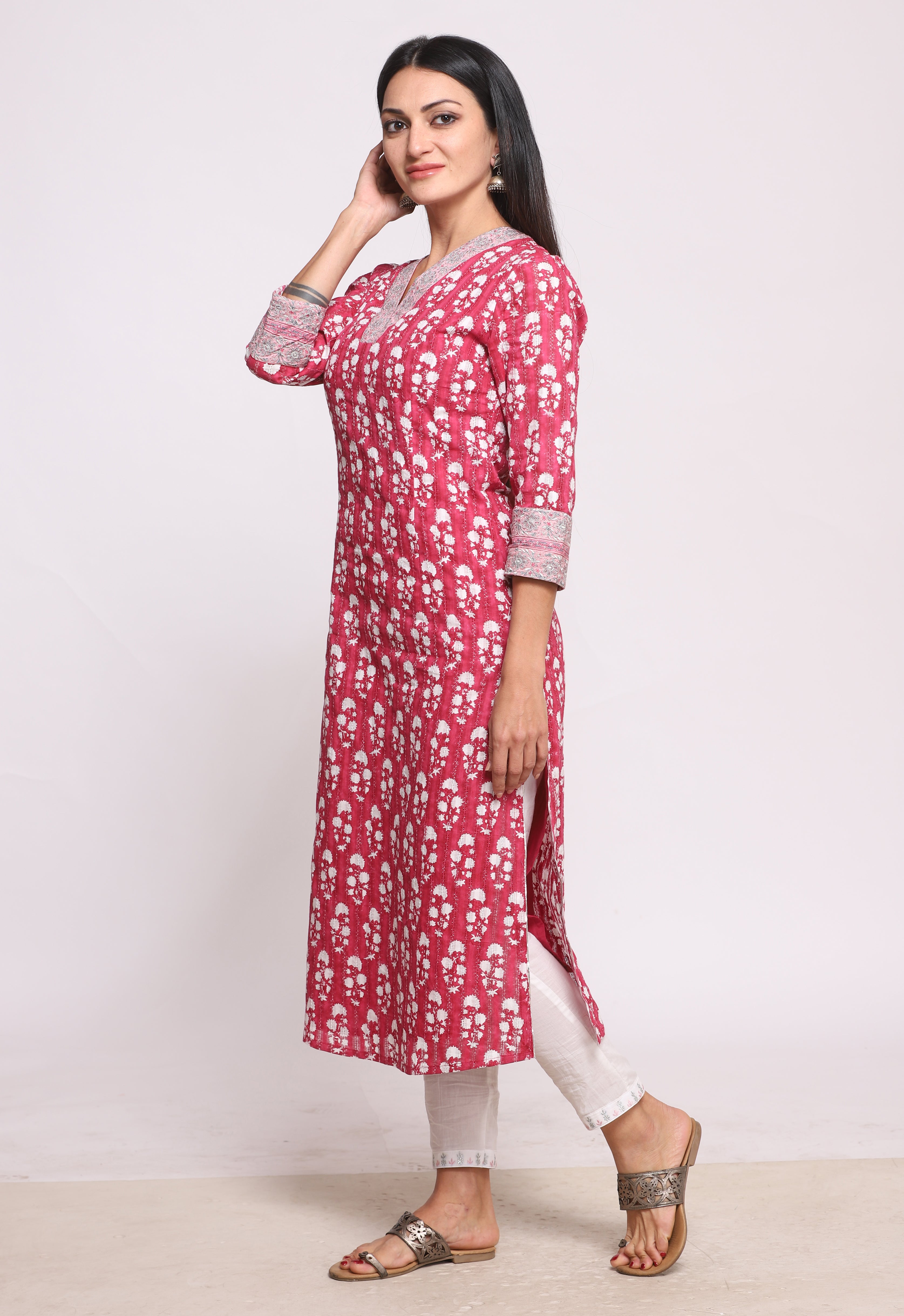 Magenta Pink Block Printed & Embroidered Cotton Kurta