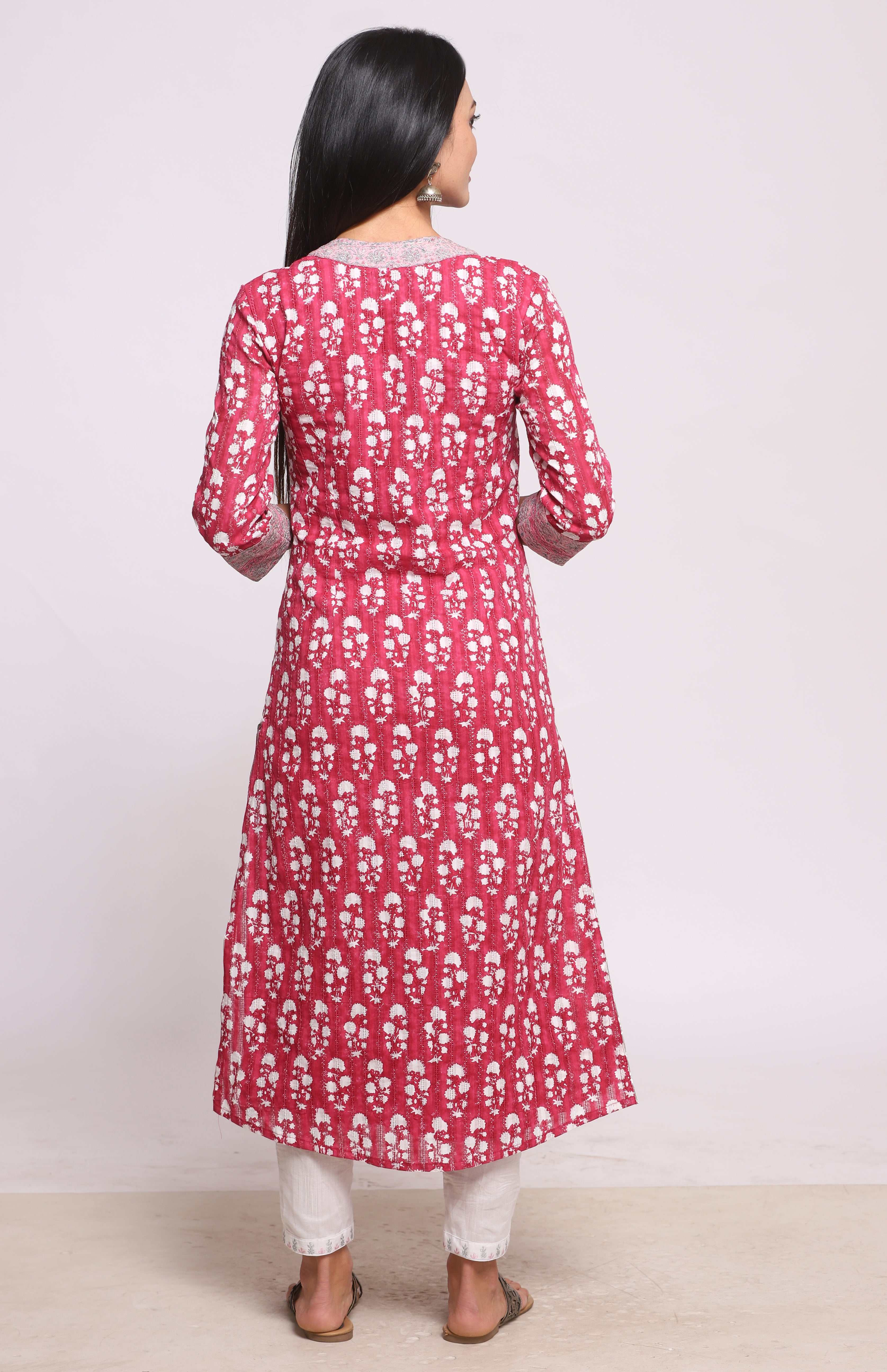 Magenta Pink Block Printed & Embroidered Cotton Kurta