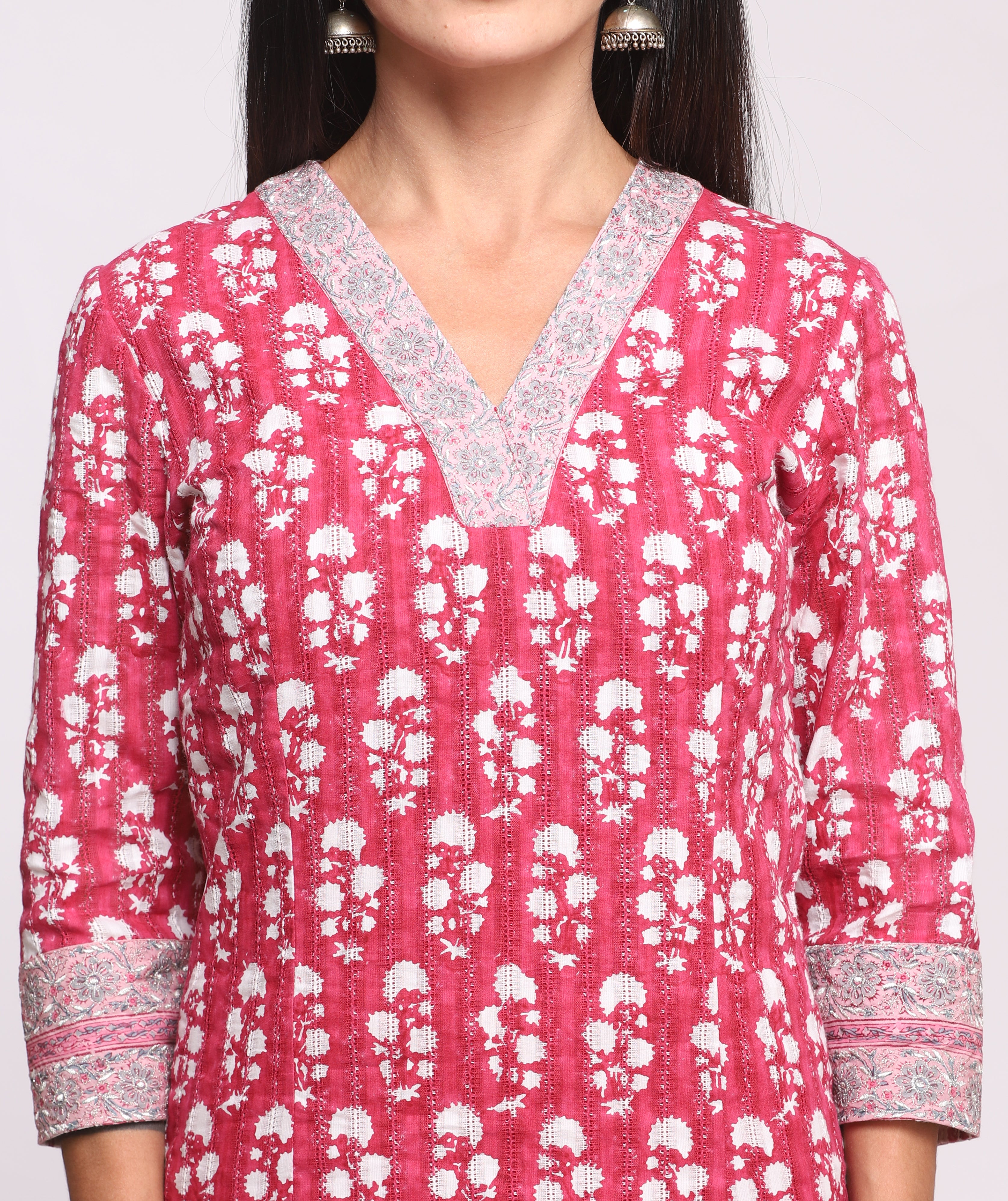 Magenta Pink Block Printed & Embroidered Cotton Kurta