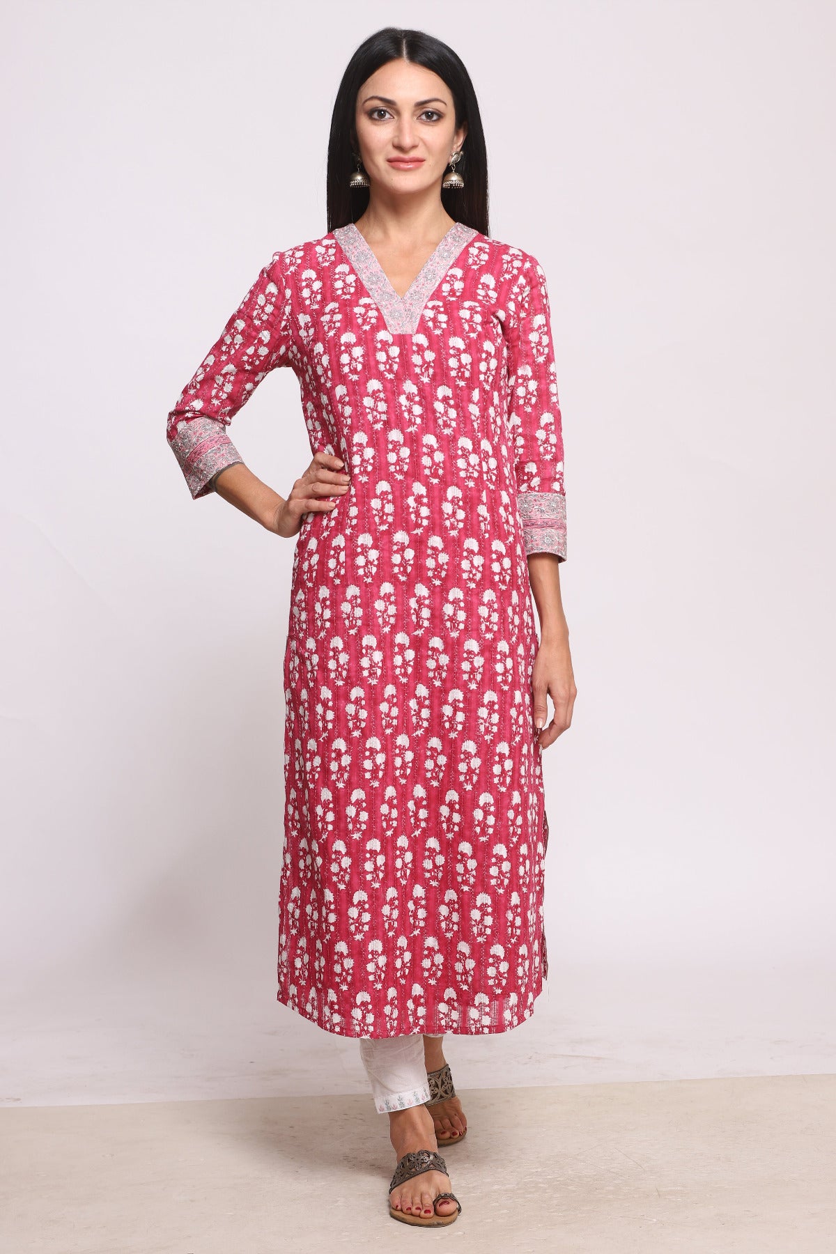 Magenta Pink Block Printed & Embroidered Cotton Kurta