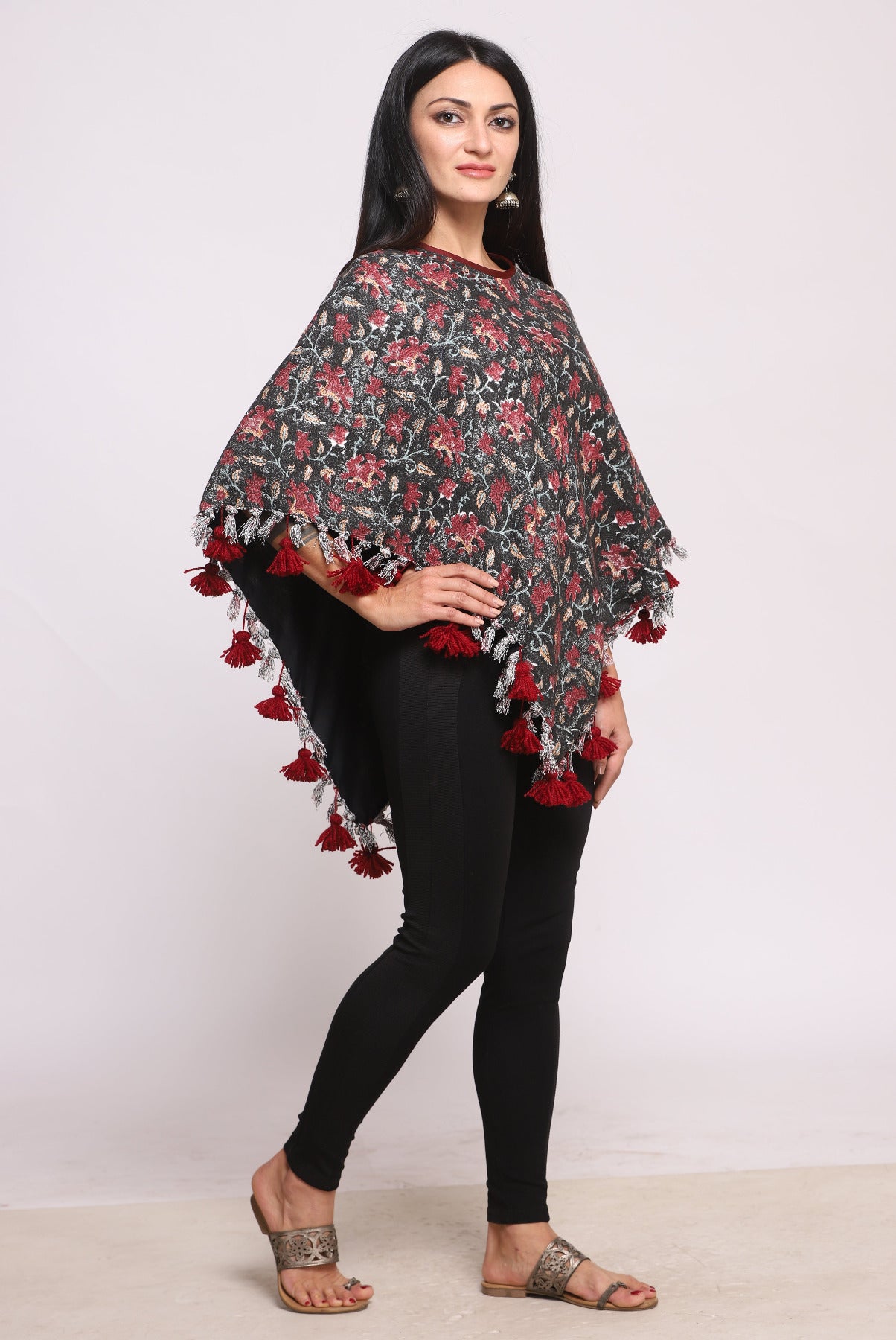 Black Block Printed Winter Poncho