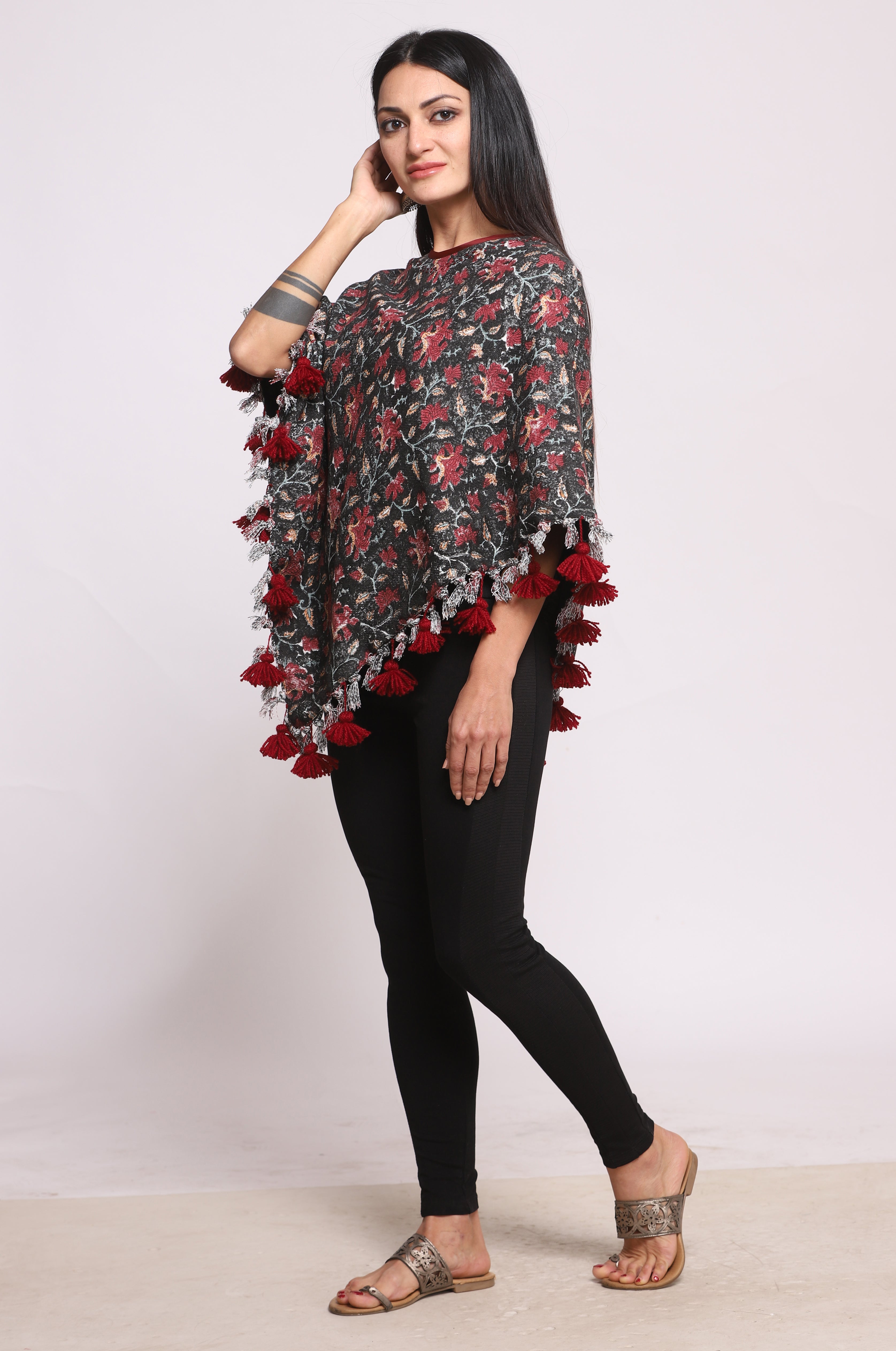 Black Block Printed Winter Poncho