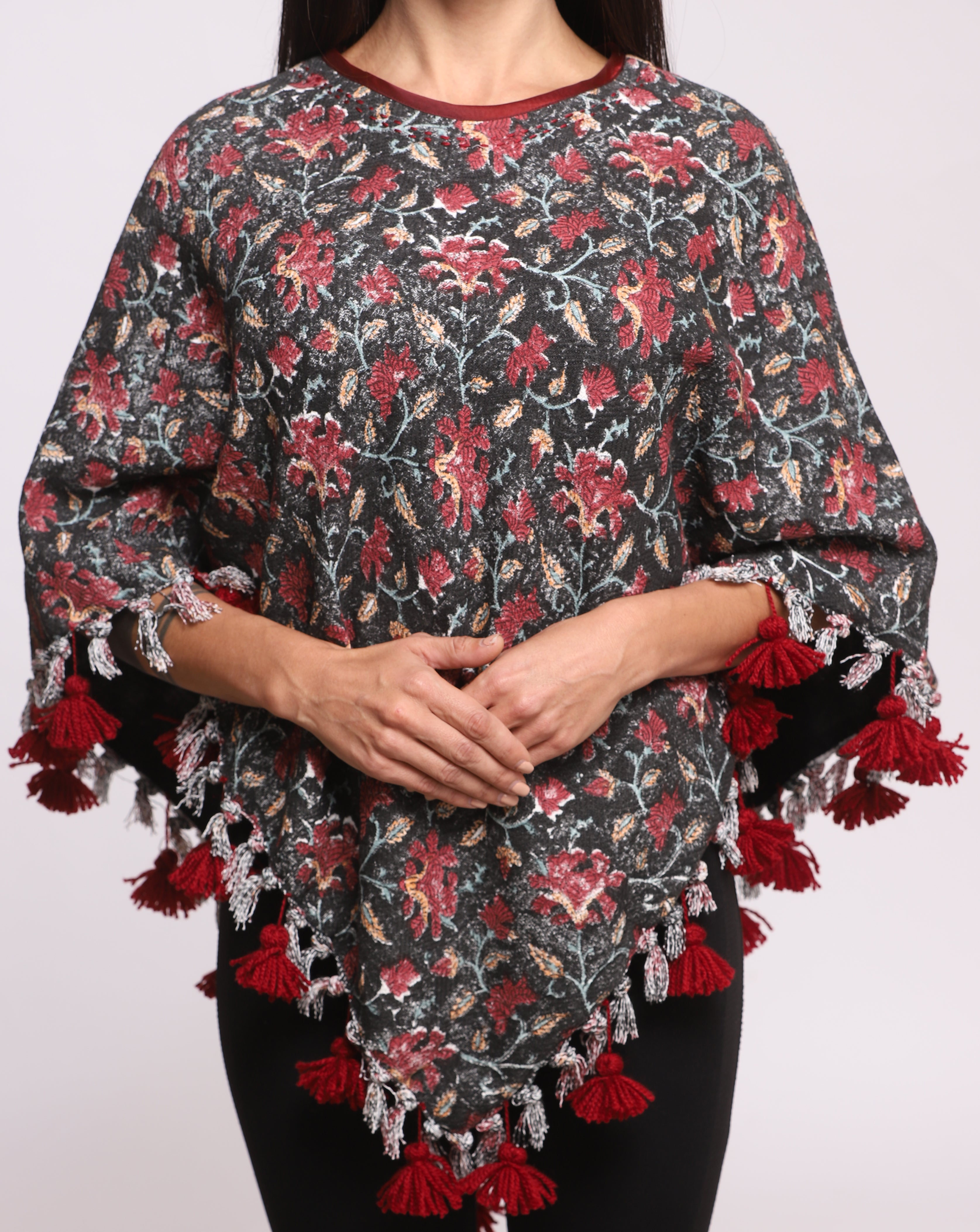 Black Block Printed Winter Poncho