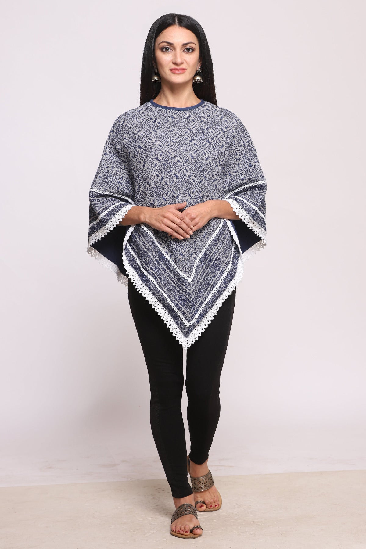 Blue Grey Block Printed Winter Poncho