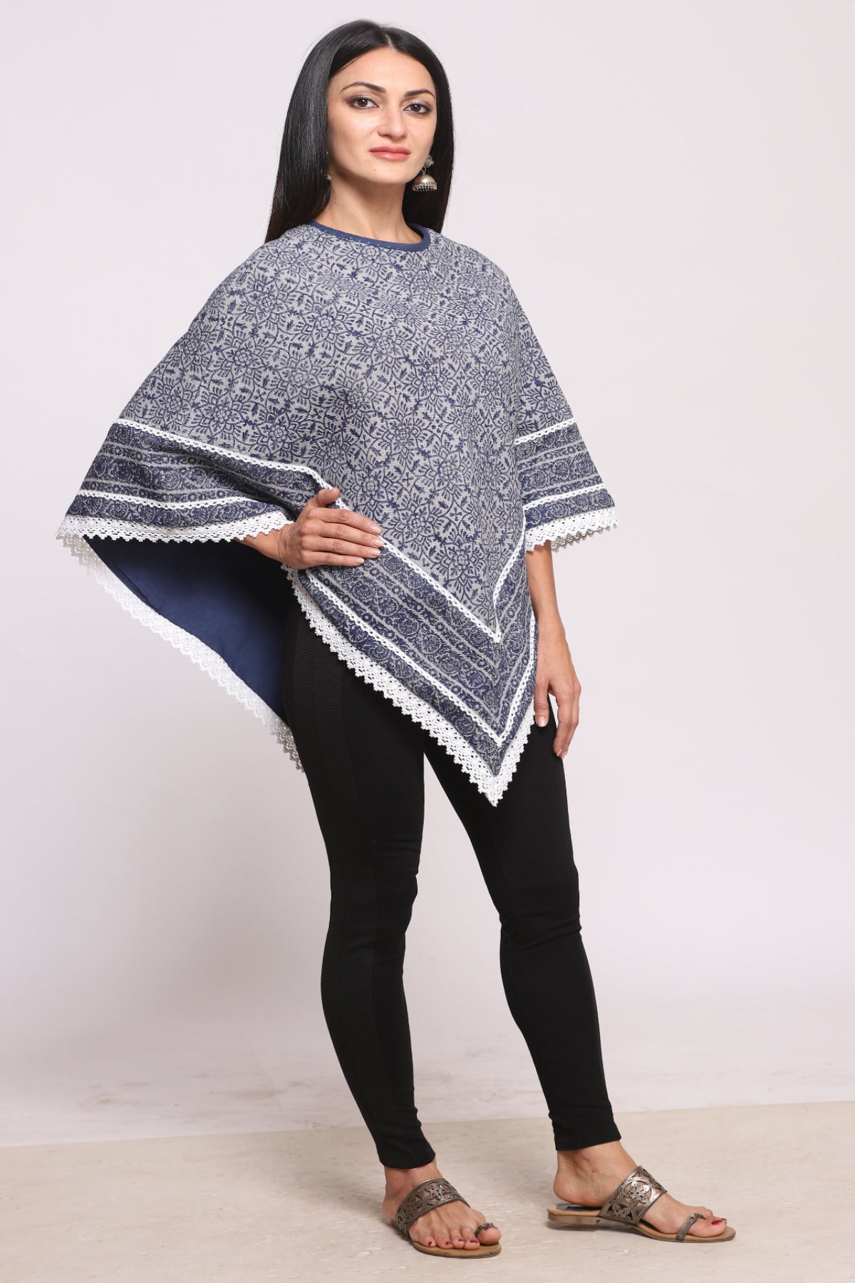 Blue Grey Block Printed Winter Poncho