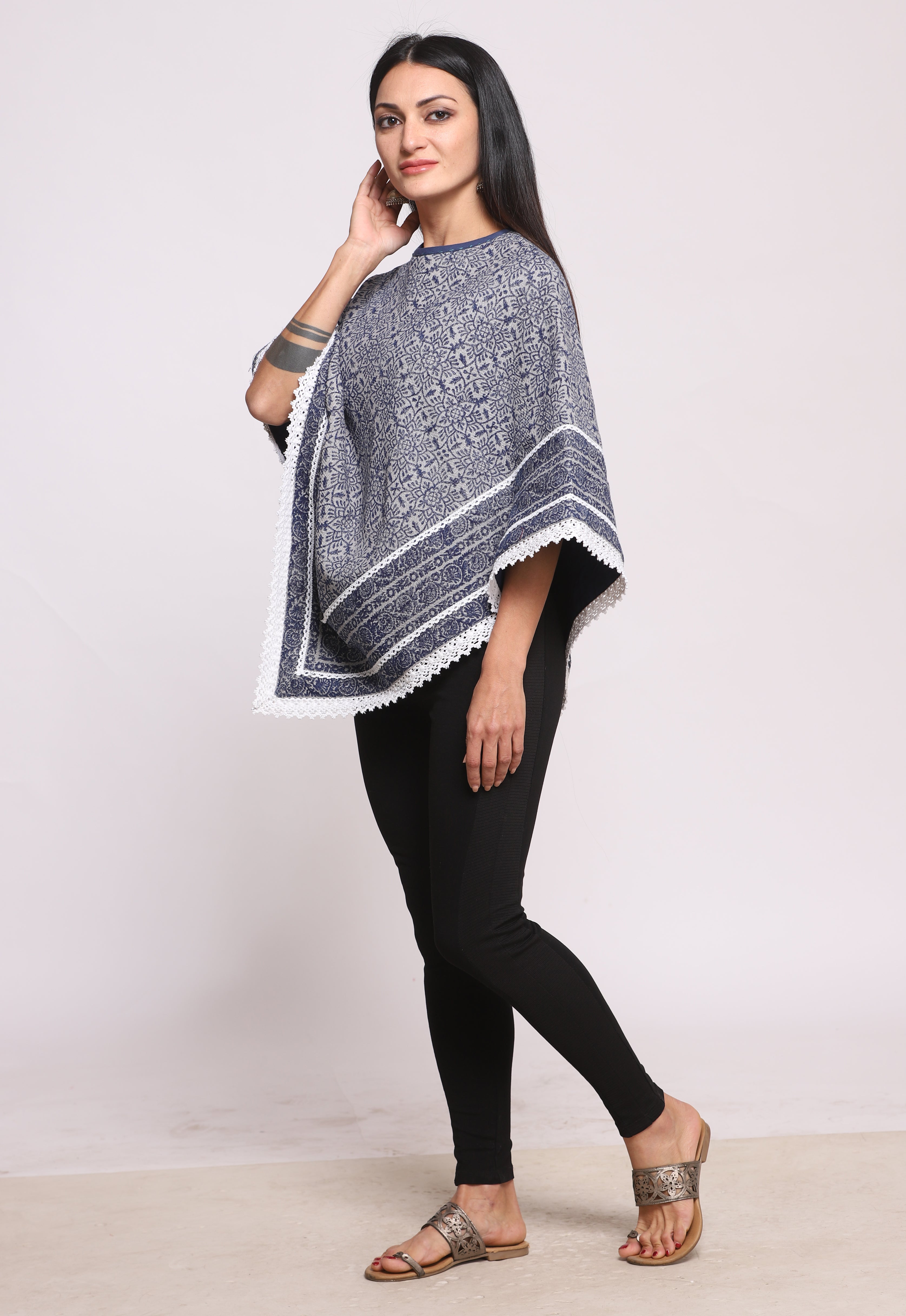 Blue Grey Block Printed Winter Poncho