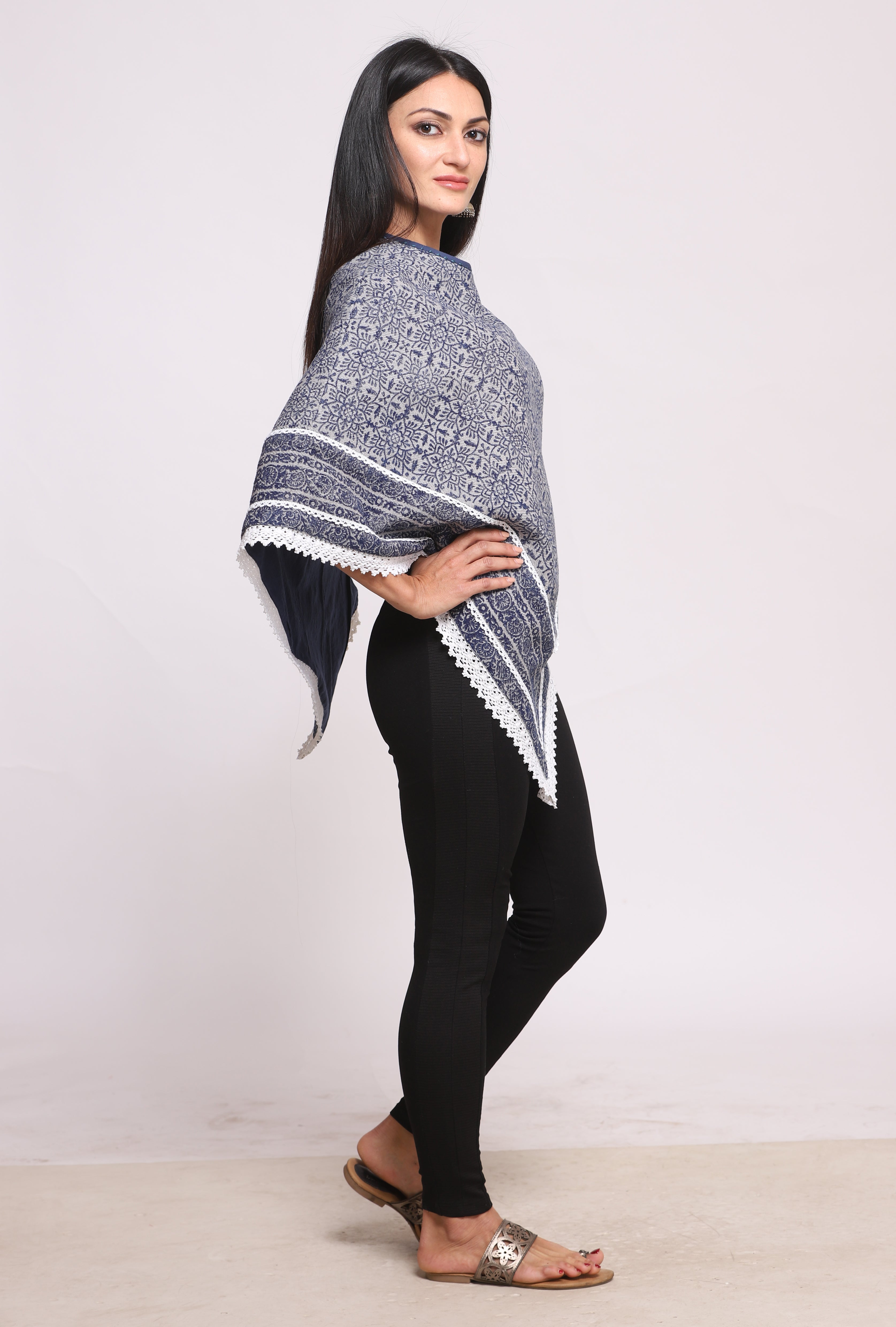 Blue Grey Block Printed Winter Poncho