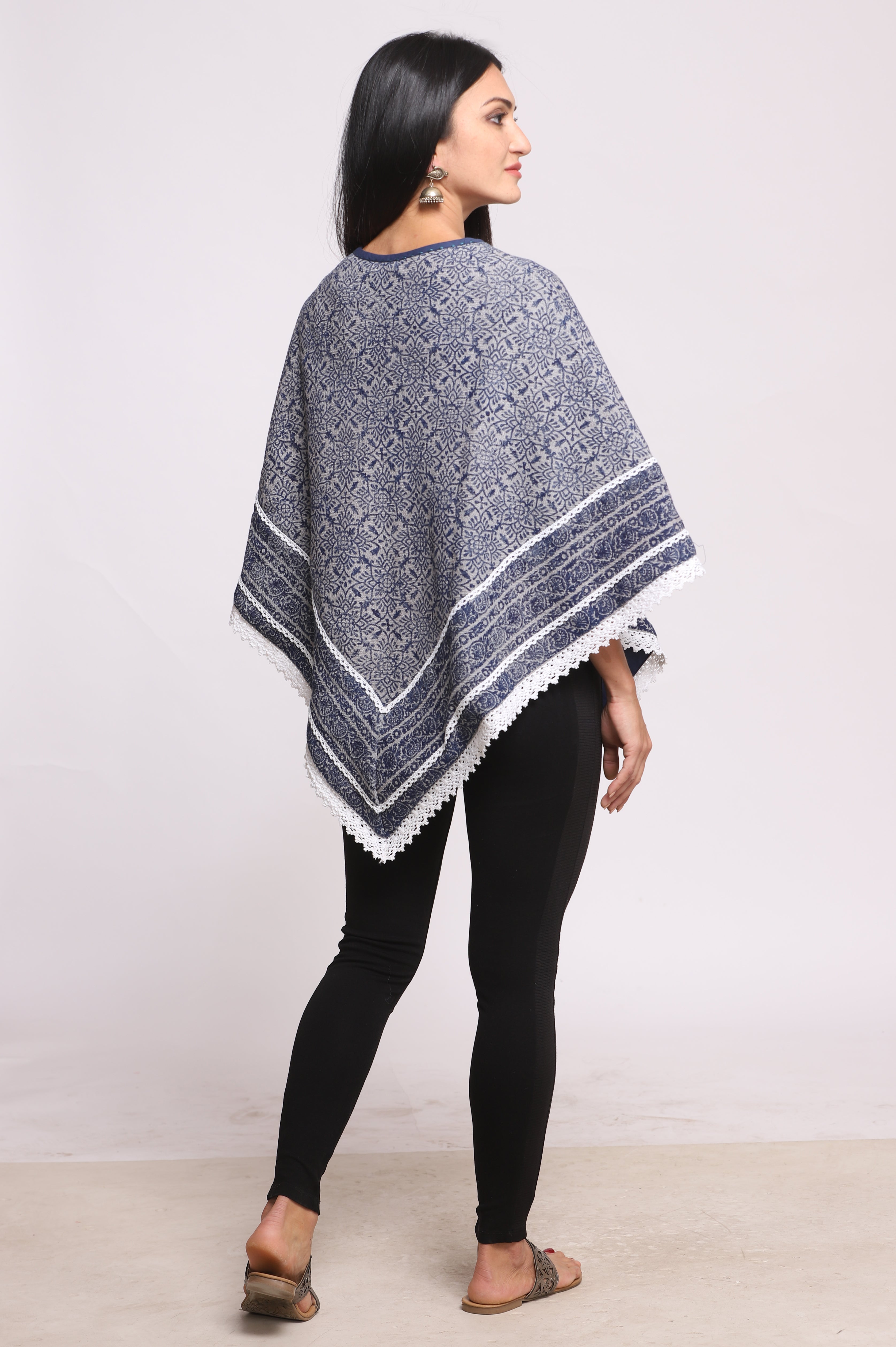 Blue Grey Block Printed Winter Poncho