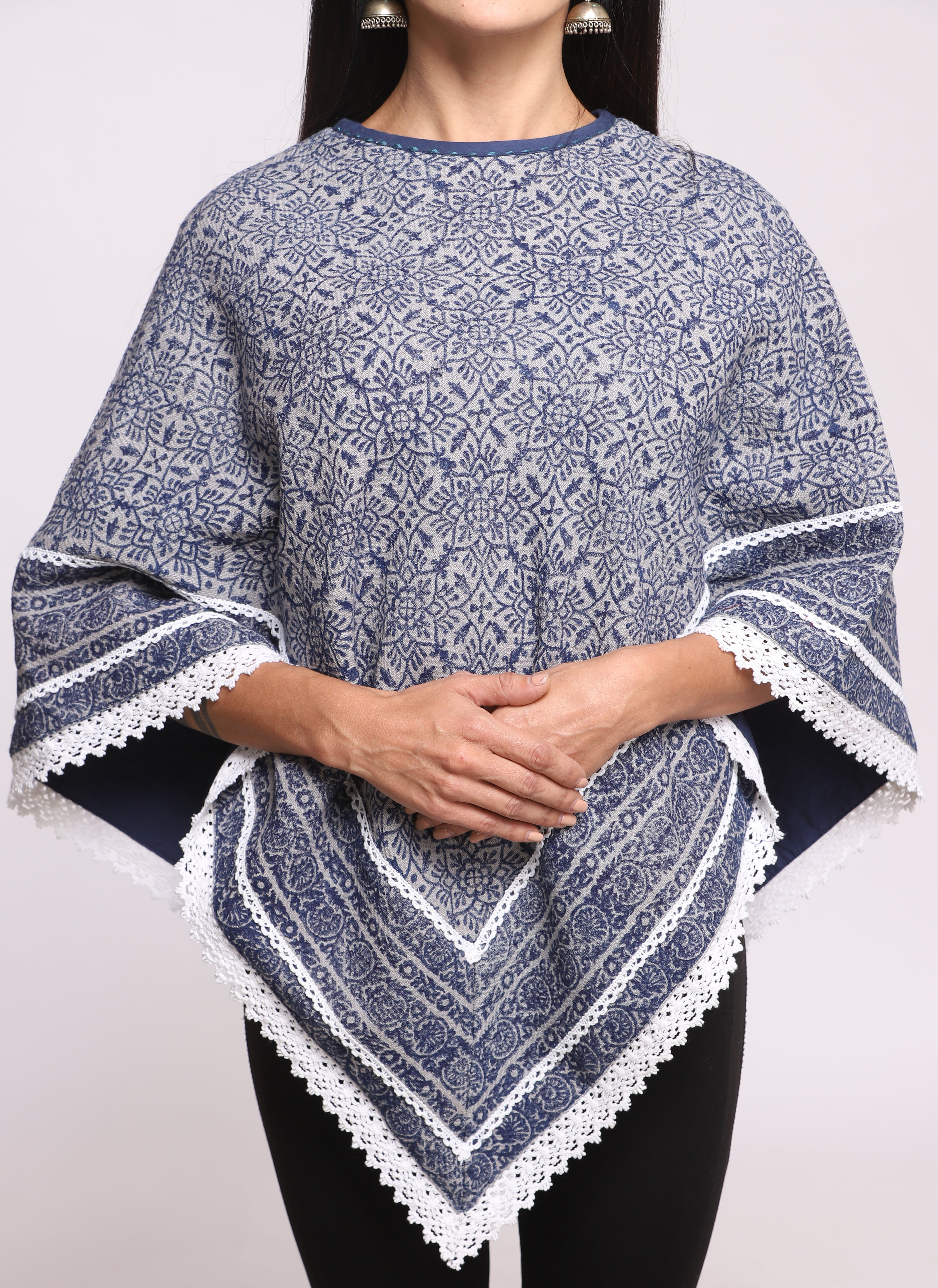 Blue Grey Block Printed Winter Poncho