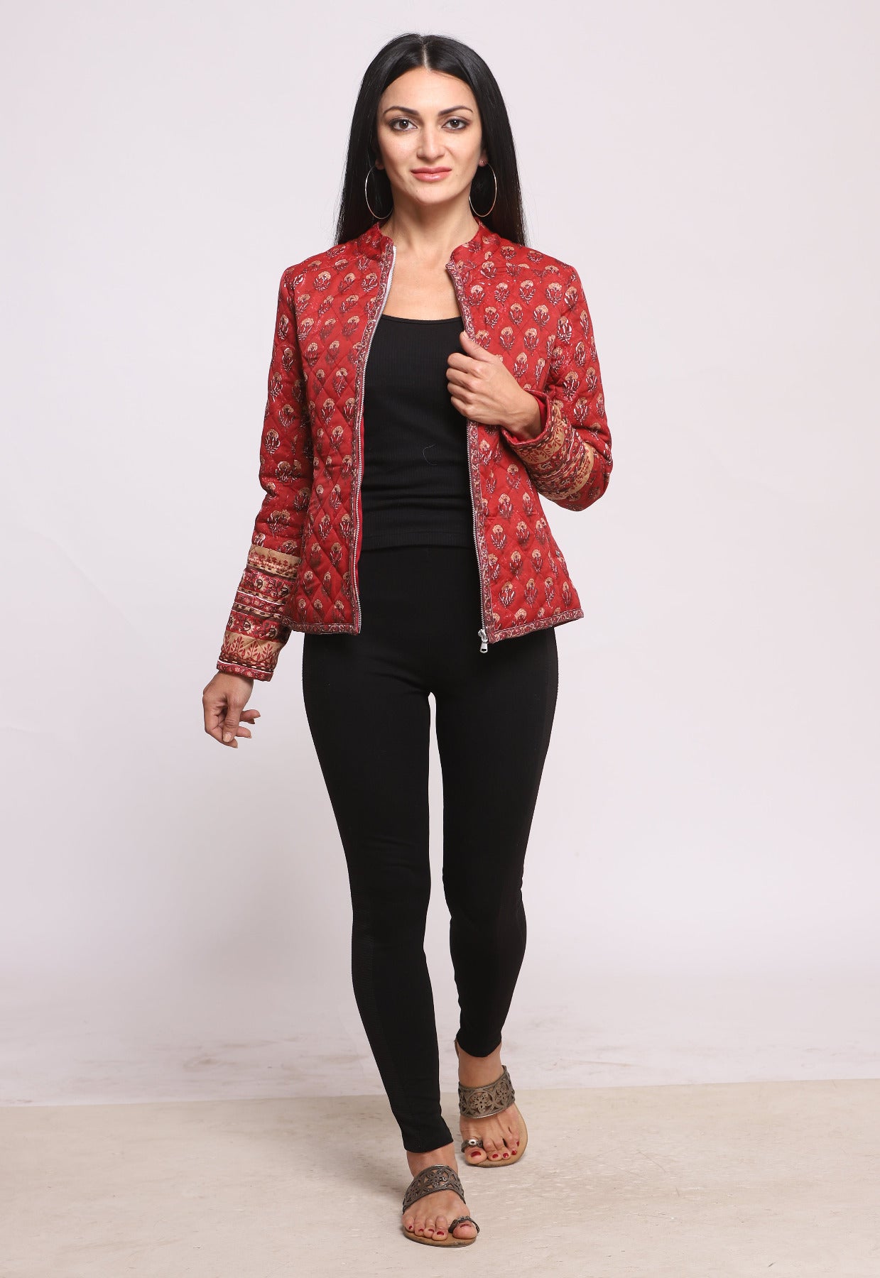 Maroon Red Silk Hand Block Printed Winter Quilted Jacket