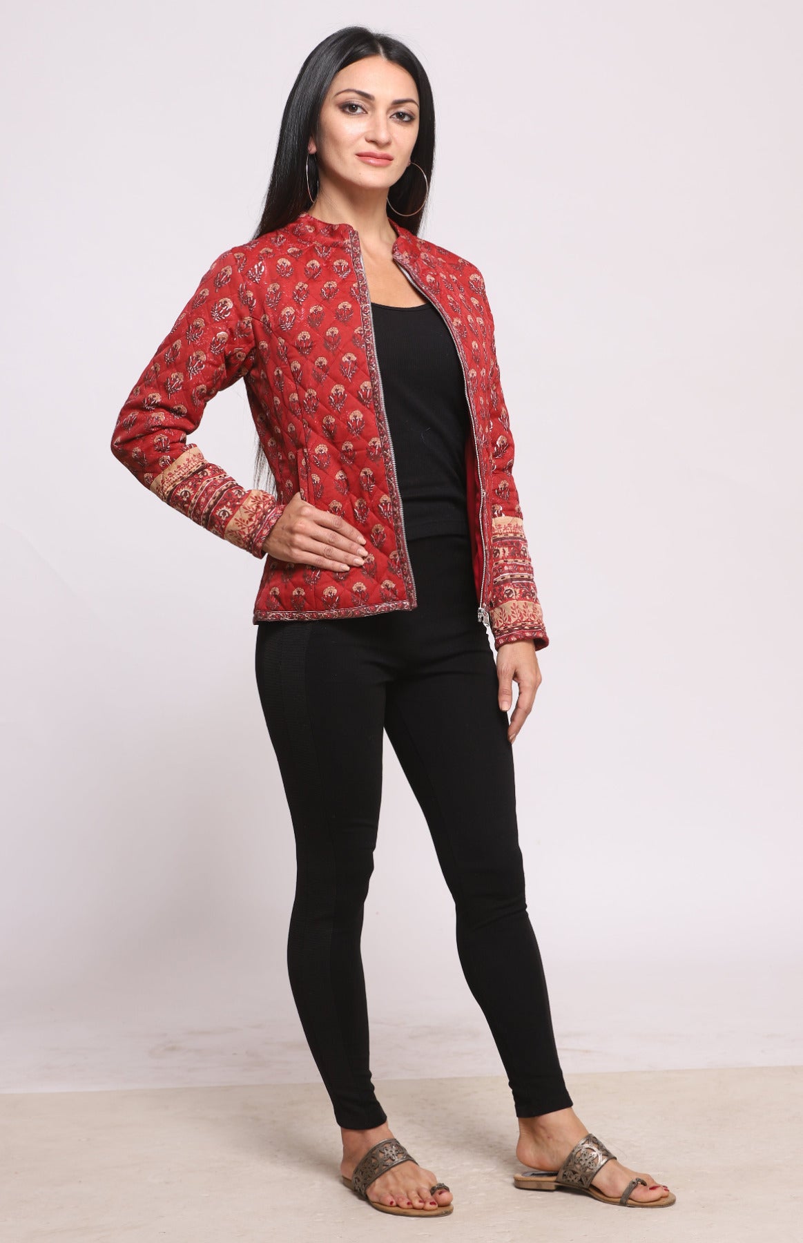 Maroon Red Silk Hand Block Printed Winter Quilted Jacket