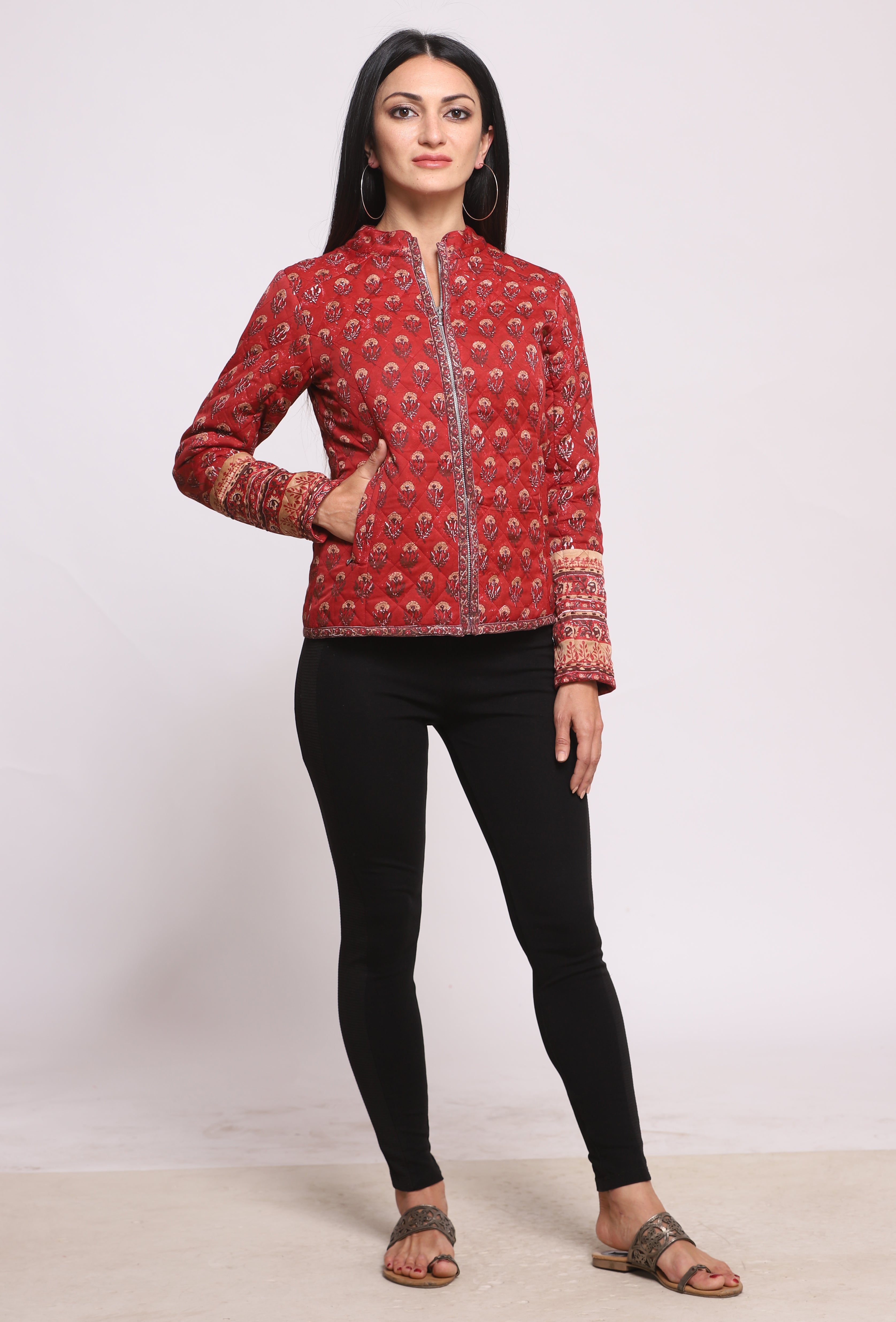 Maroon Red Silk Hand Block Printed Winter Quilted Jacket