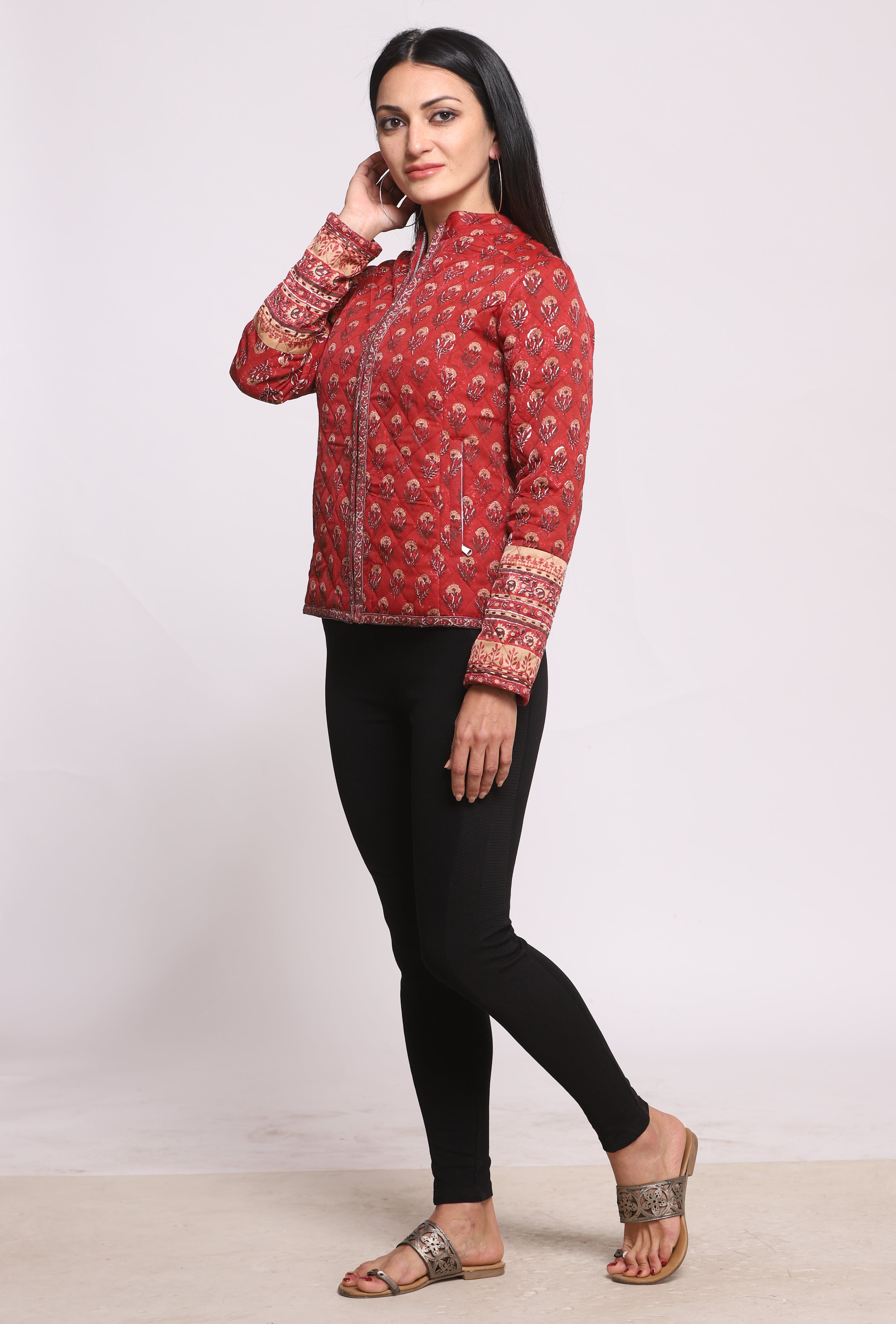 Maroon Red Silk Hand Block Printed Winter Quilted Jacket