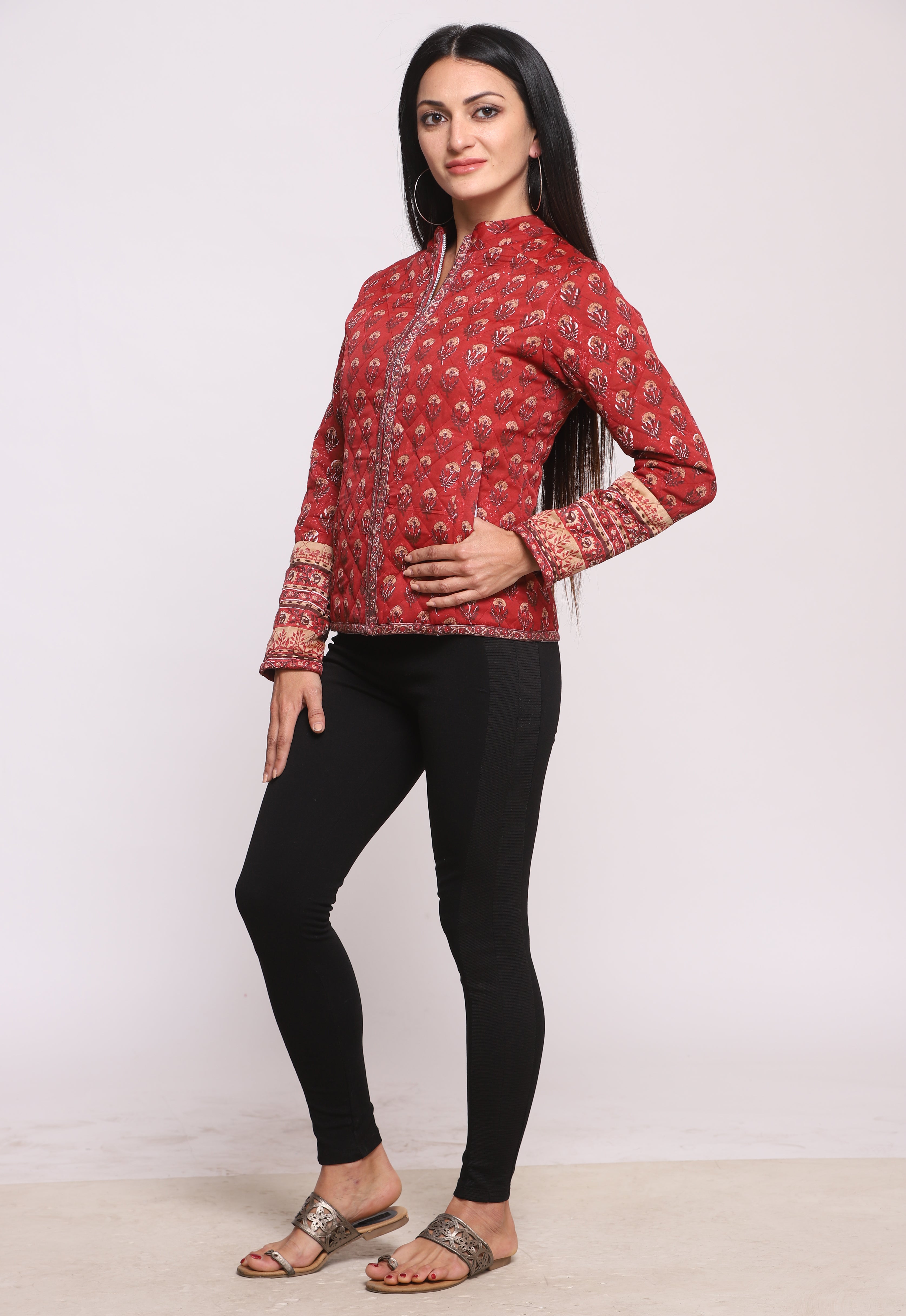Maroon Red Silk Hand Block Printed Winter Quilted Jacket