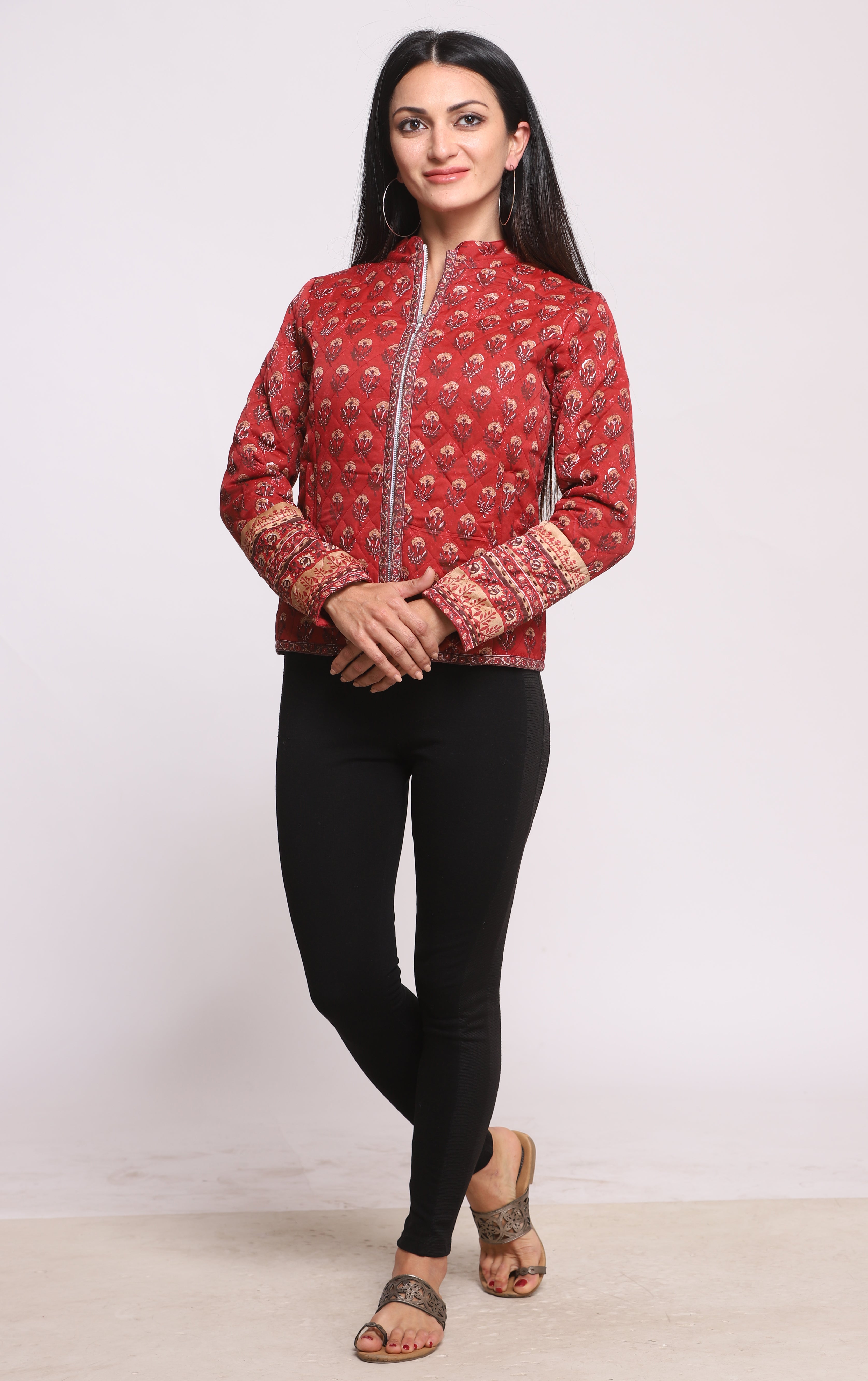 Maroon Red Silk Hand Block Printed Winter Quilted Jacket