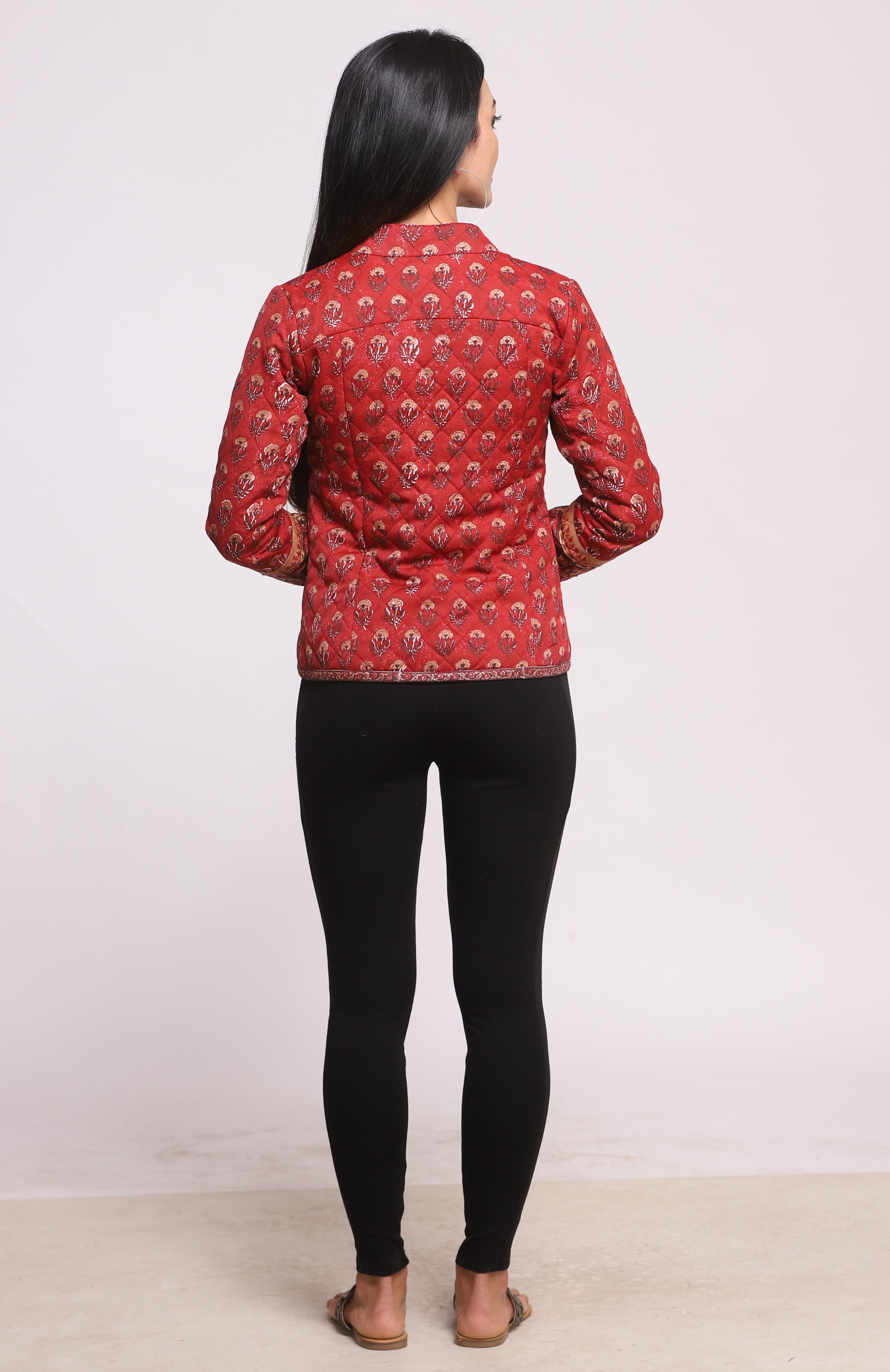 Maroon Red Silk Hand Block Printed Winter Quilted Jacket