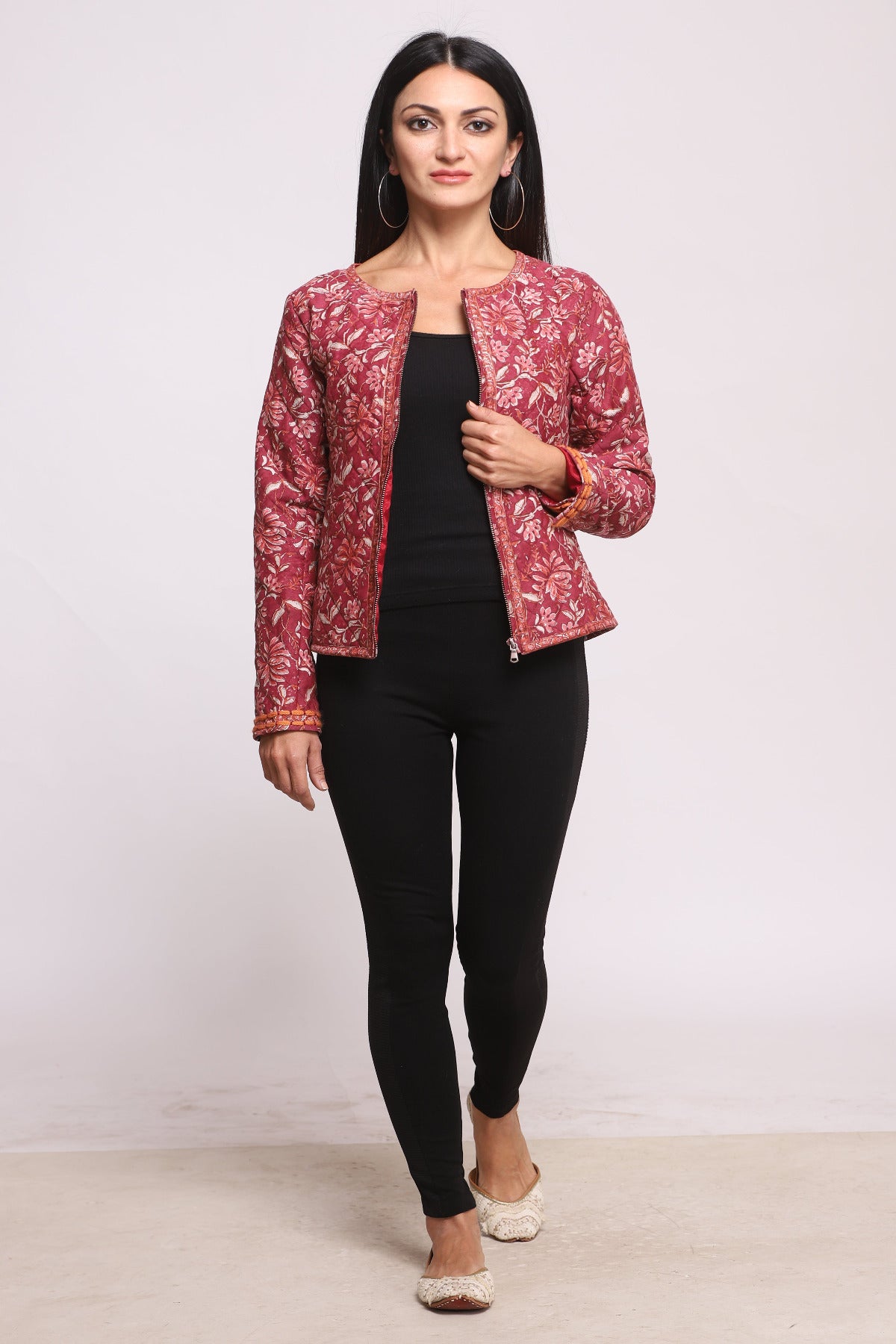 Dark Pink Silk Block Printed Winter Quilted Jacket