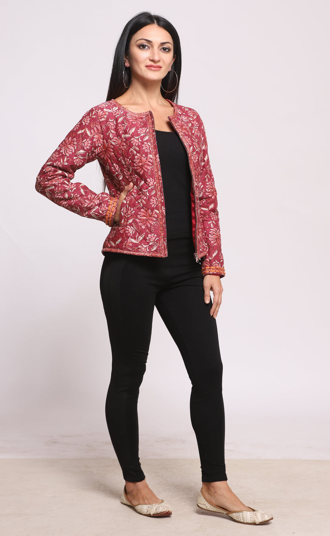 Dark Pink Silk Block Printed Winter Quilted Jacket