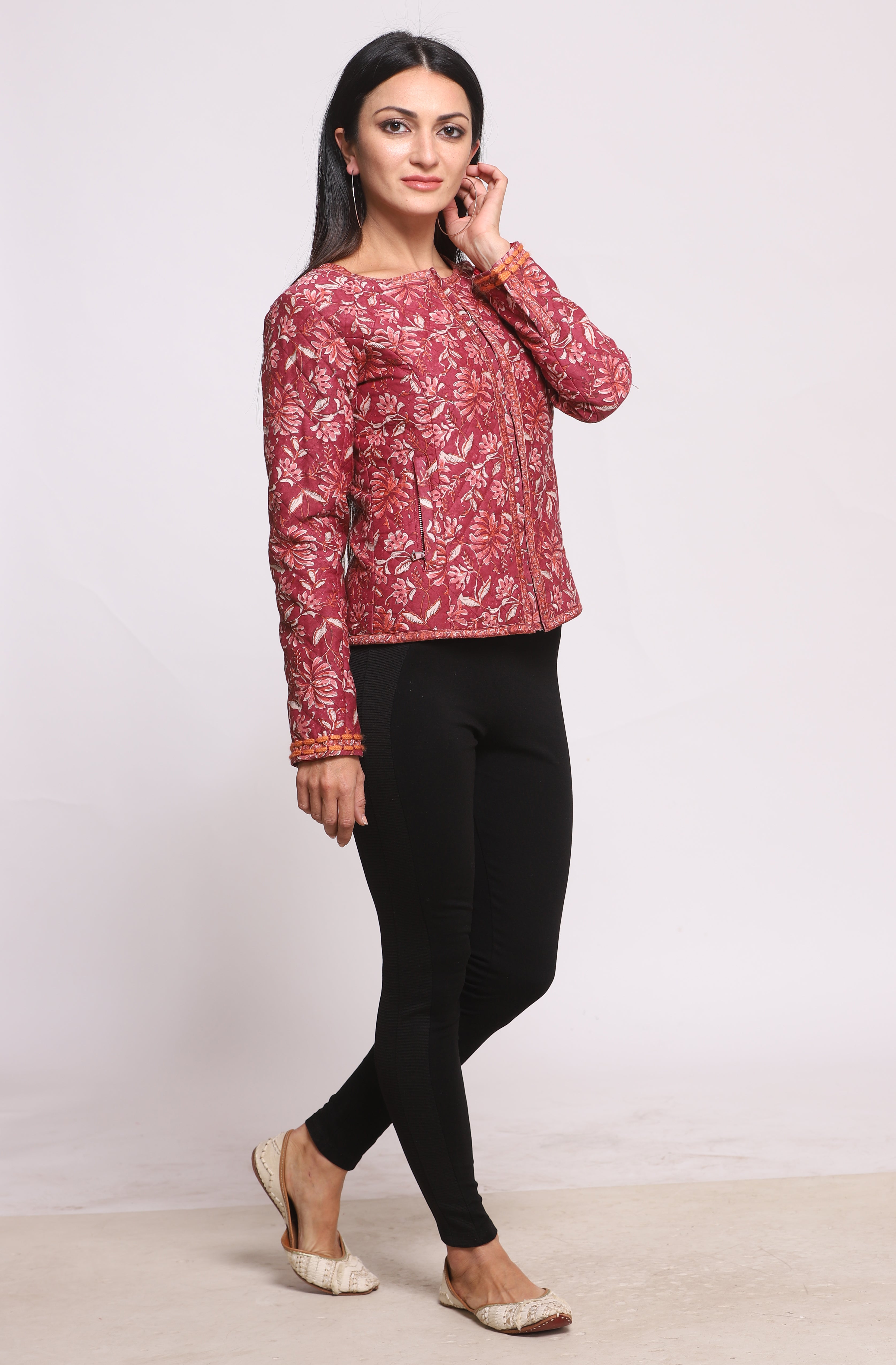 Dark Pink Silk Block Printed Winter Quilted Jacket