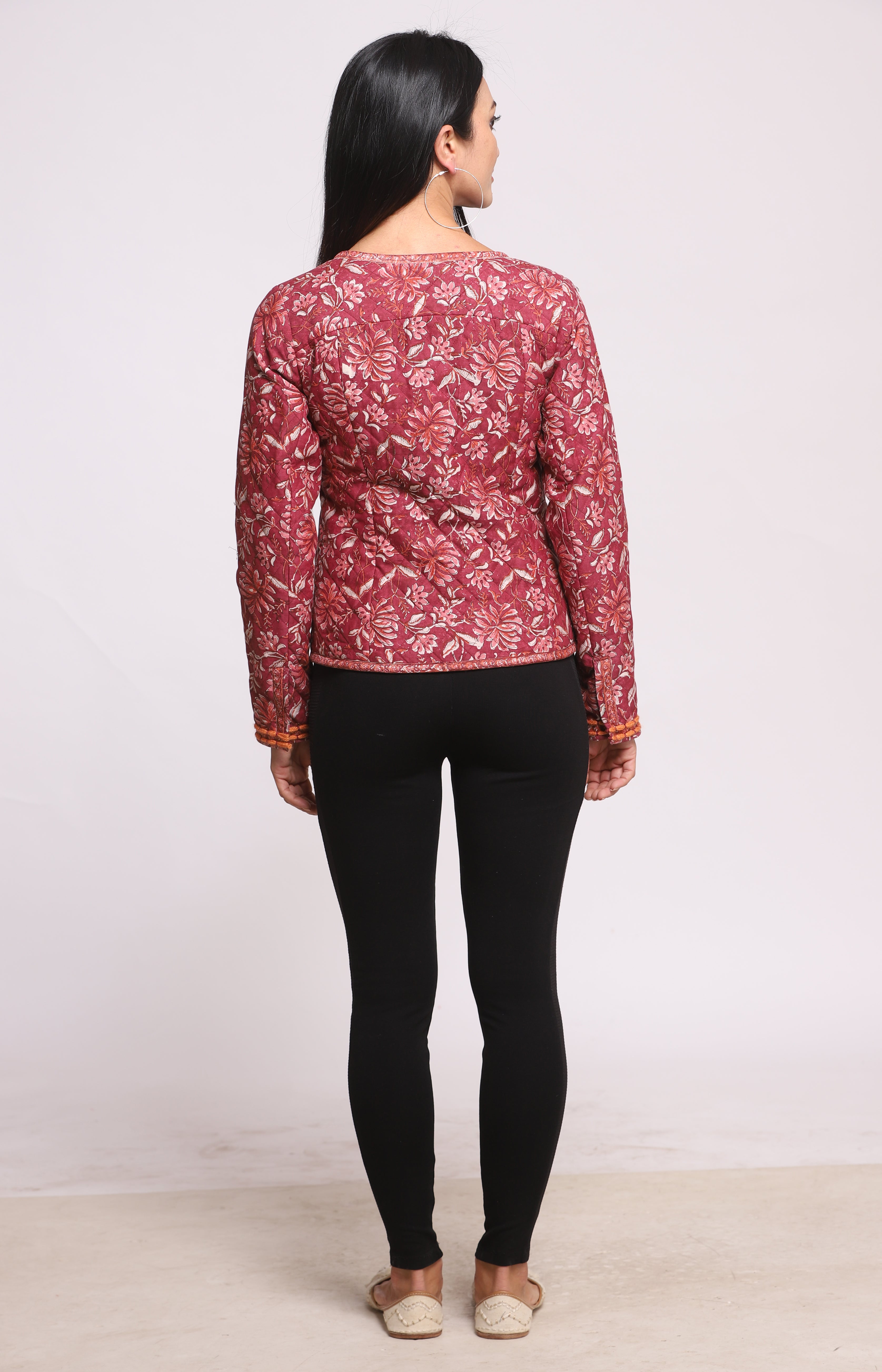 Dark Pink Silk Block Printed Winter Quilted Jacket