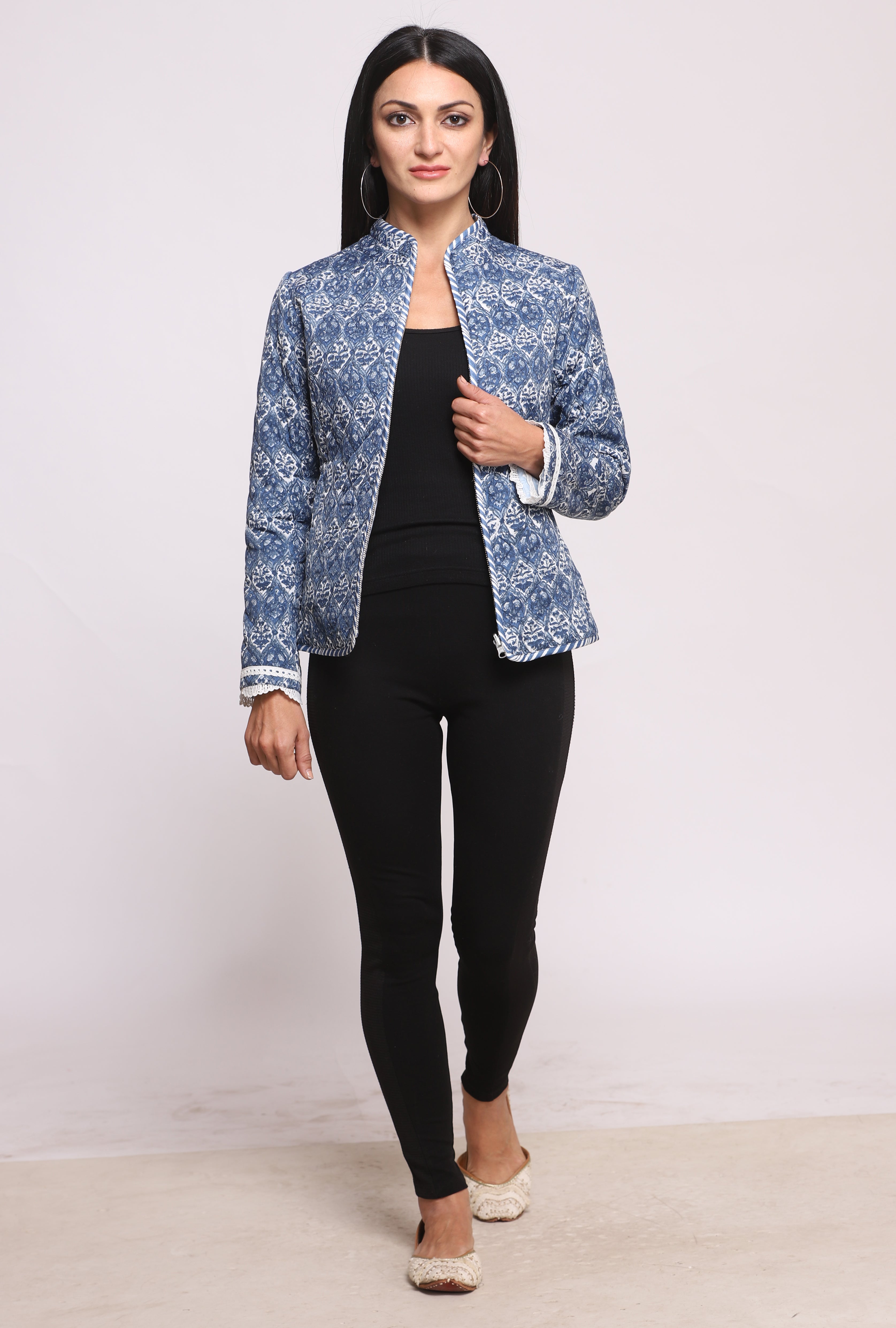 Powder Blue Block Printed Reversible Winter Quilted Jacket