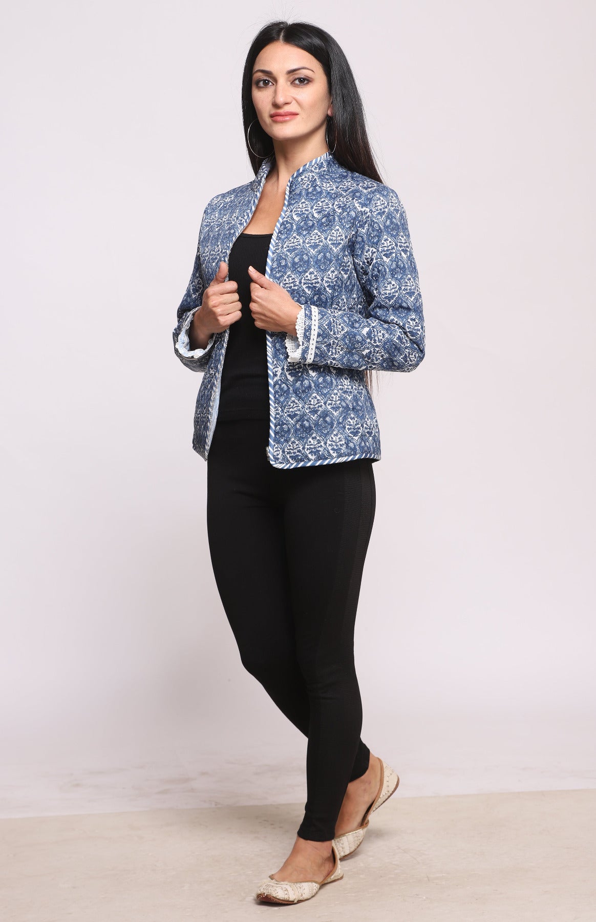 Indigo Silk Block Printed Reversible Winter Quilted Jacket