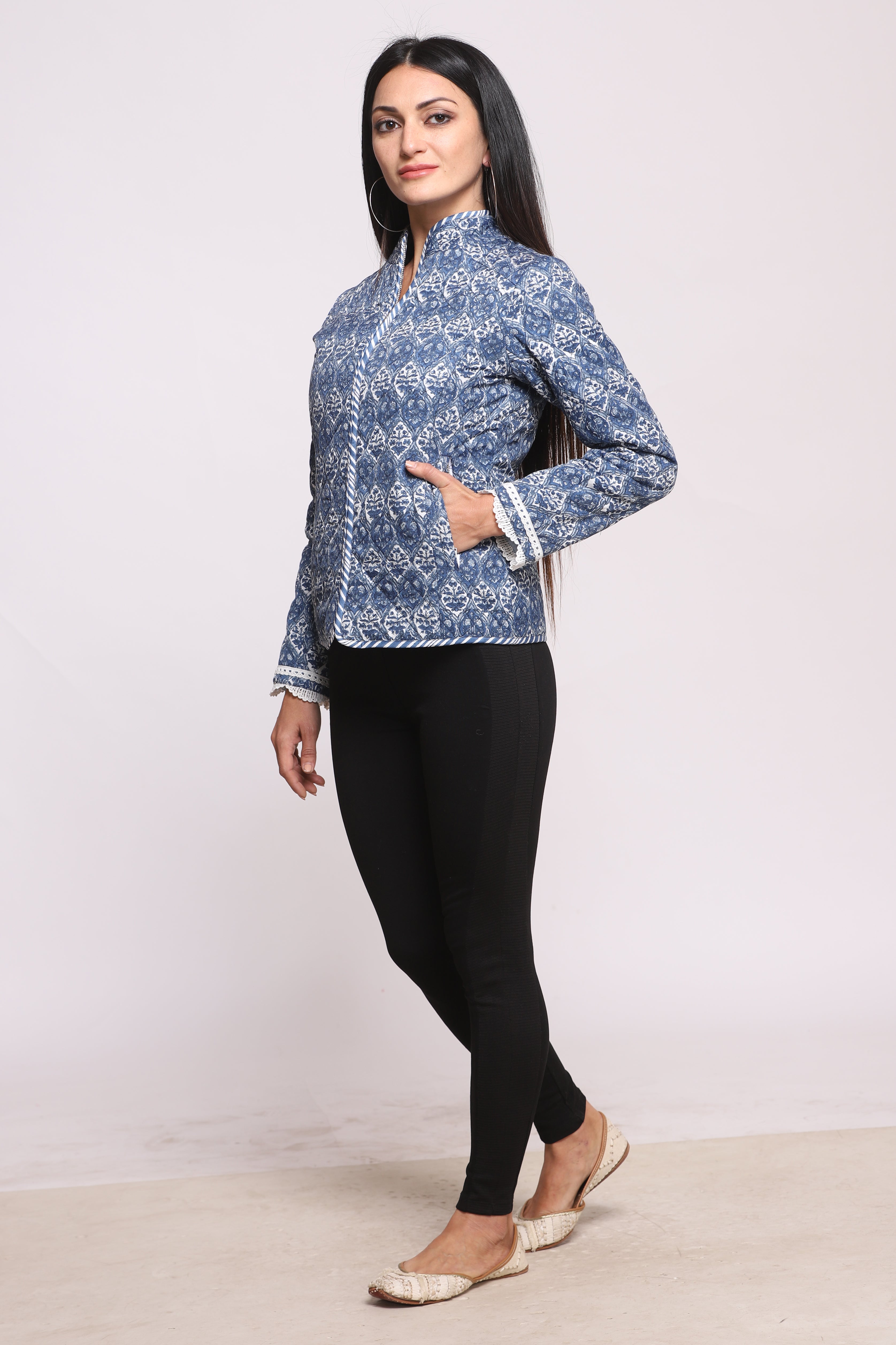 Indigo Silk Block Printed Reversible Winter Quilted Jacket