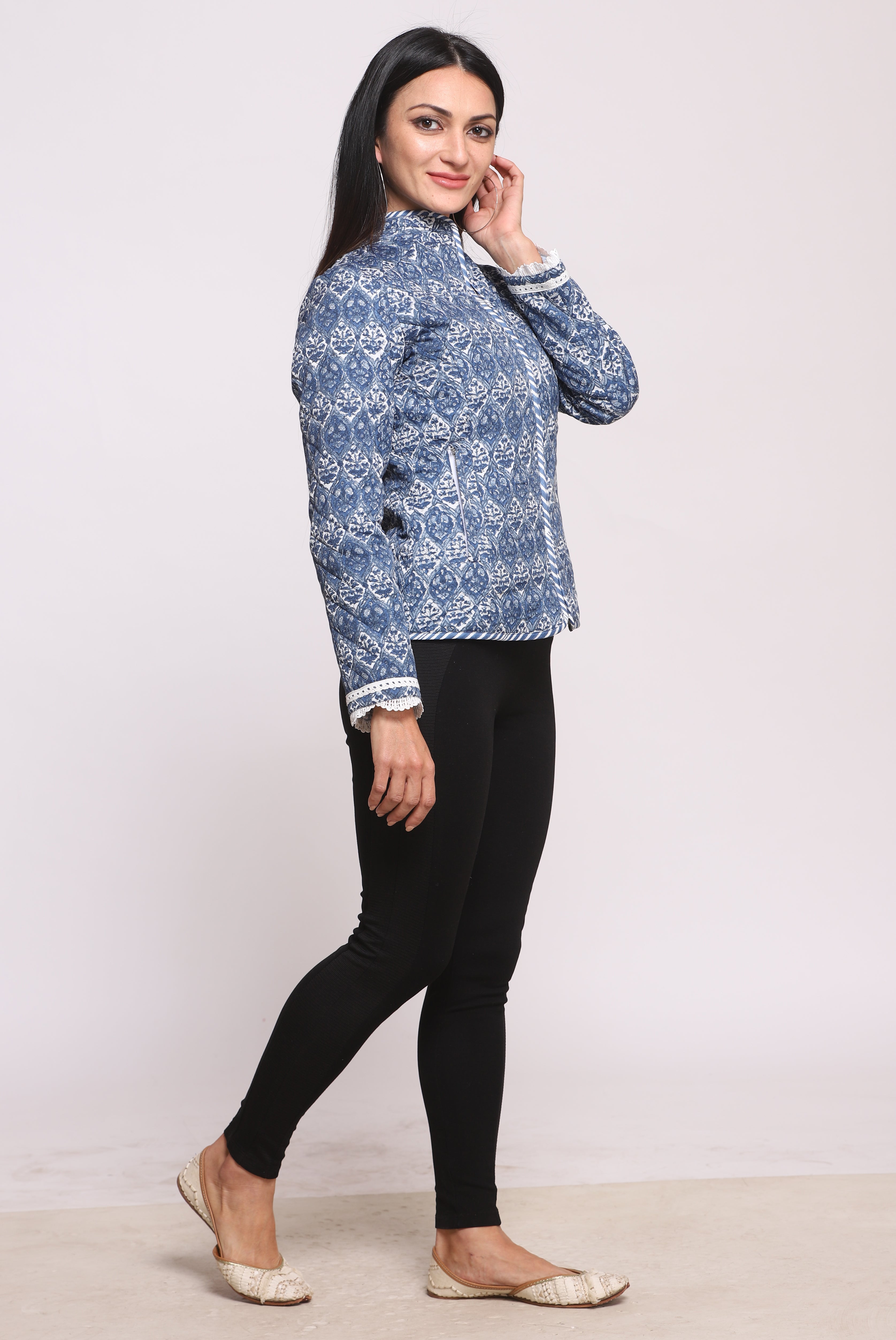 Indigo Silk Block Printed Reversible Winter Quilted Jacket