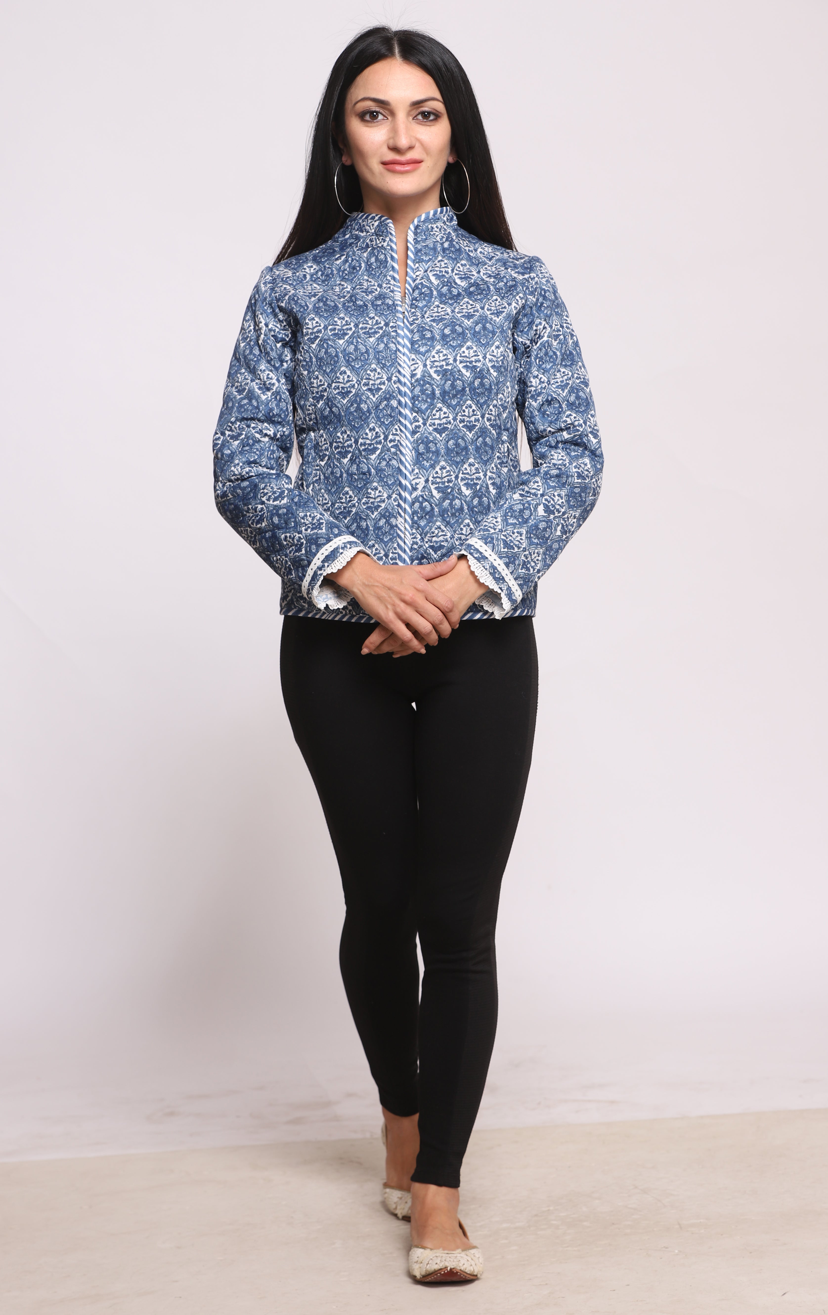 Indigo Silk Block Printed Reversible Winter Quilted Jacket