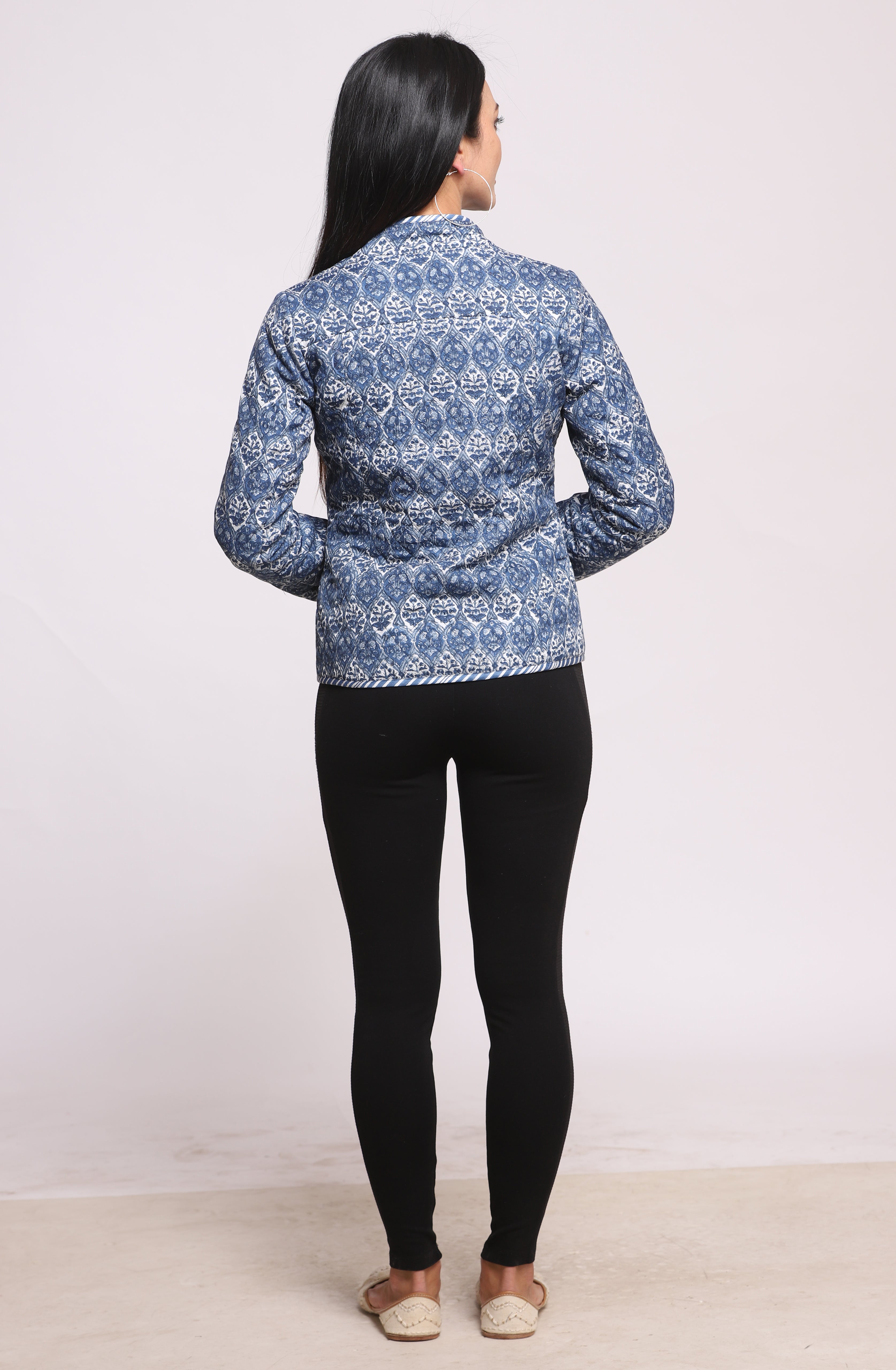 Indigo Silk Block Printed Reversible Winter Quilted Jacket