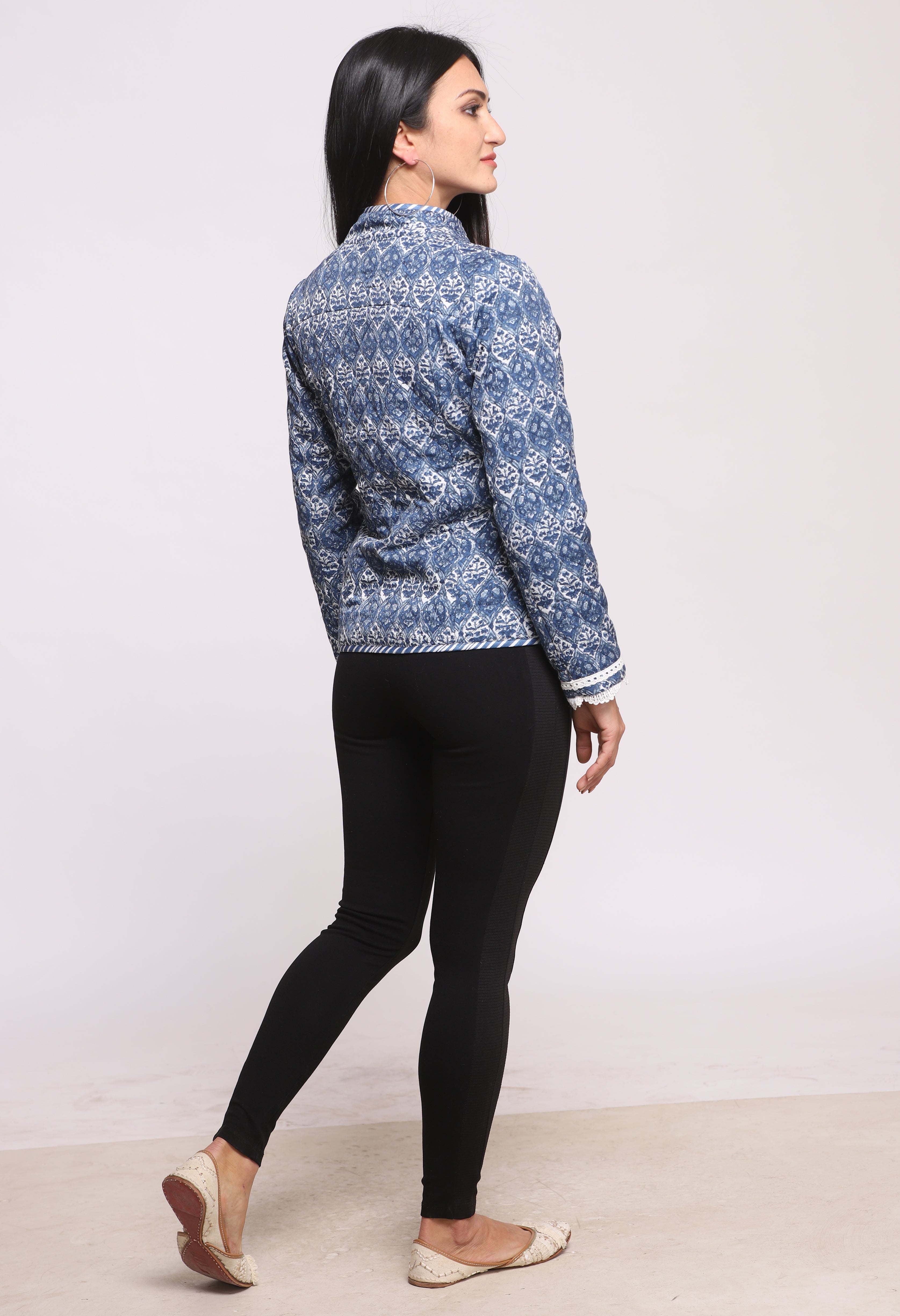 Indigo Silk Block Printed Reversible Winter Quilted Jacket