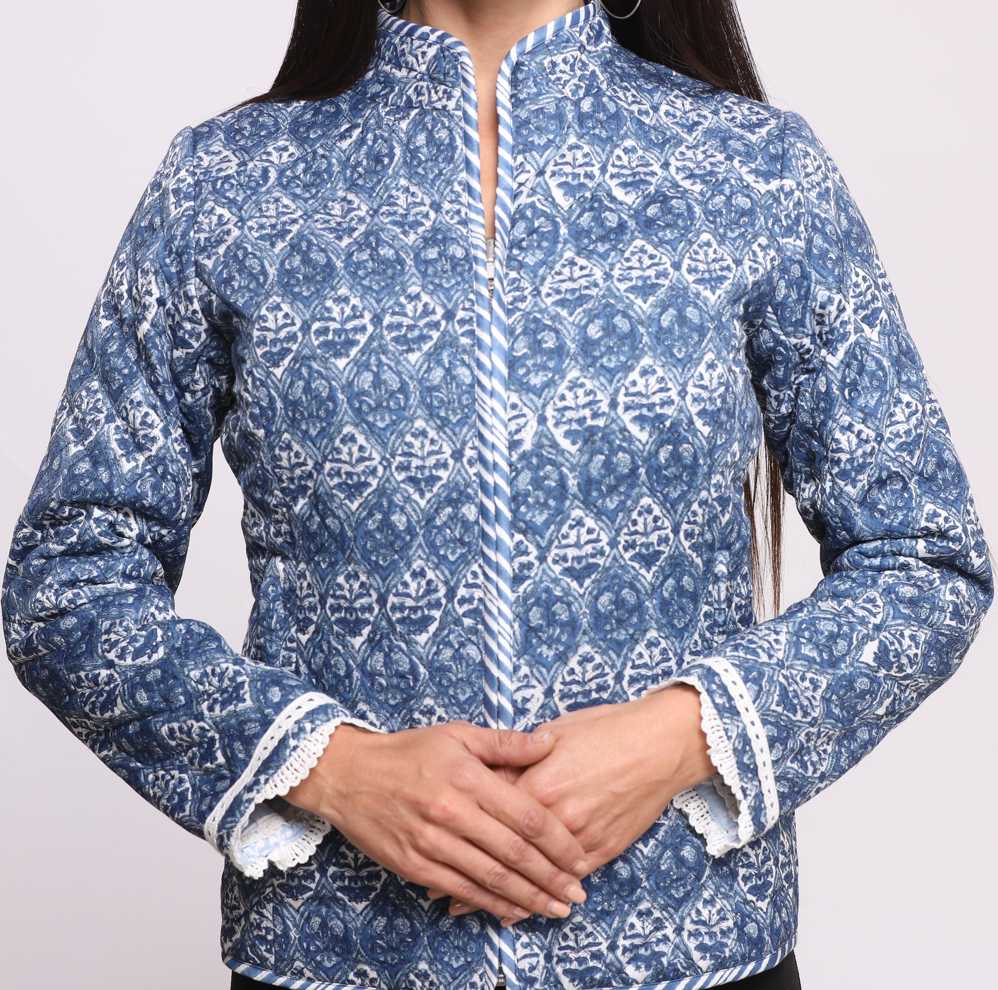 Powder Blue Block Printed Reversible Winter Quilted Jacket