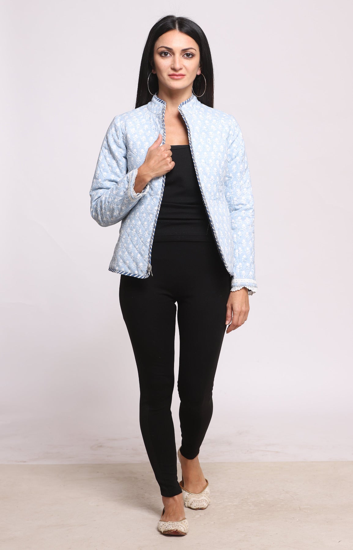 Powder Blue Block Printed Reversible Winter Quilted Jacket