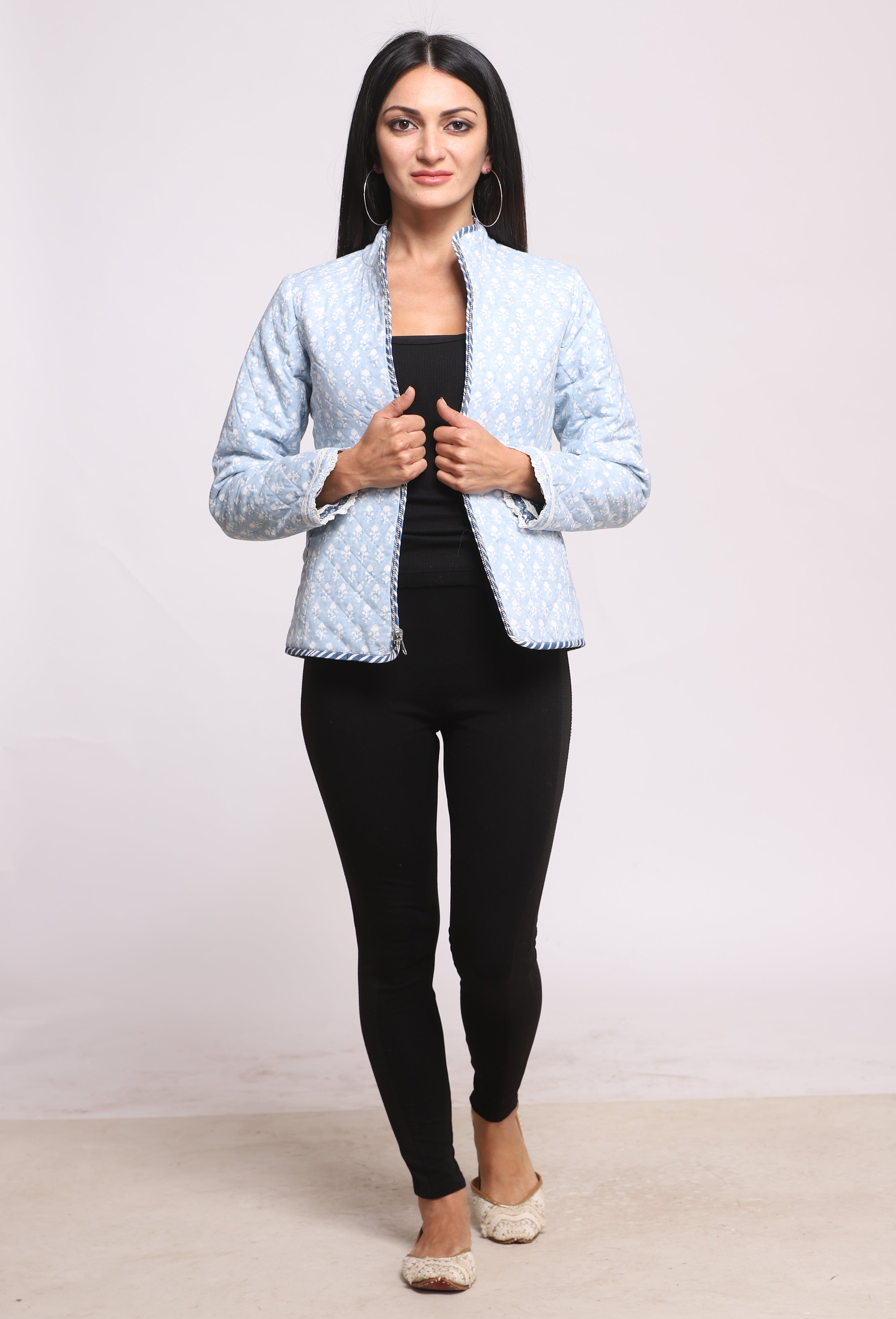 Indigo Silk Block Printed Reversible Winter Quilted Jacket