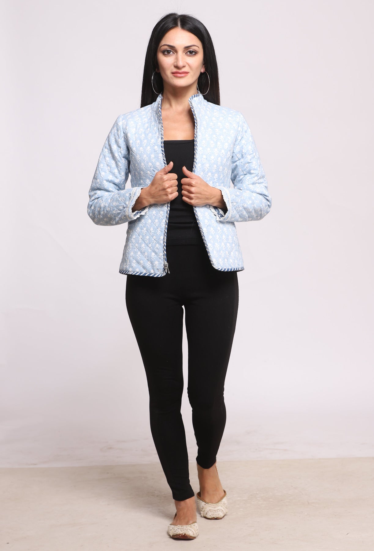 Powder Blue Block Printed Reversible Winter Quilted Jacket