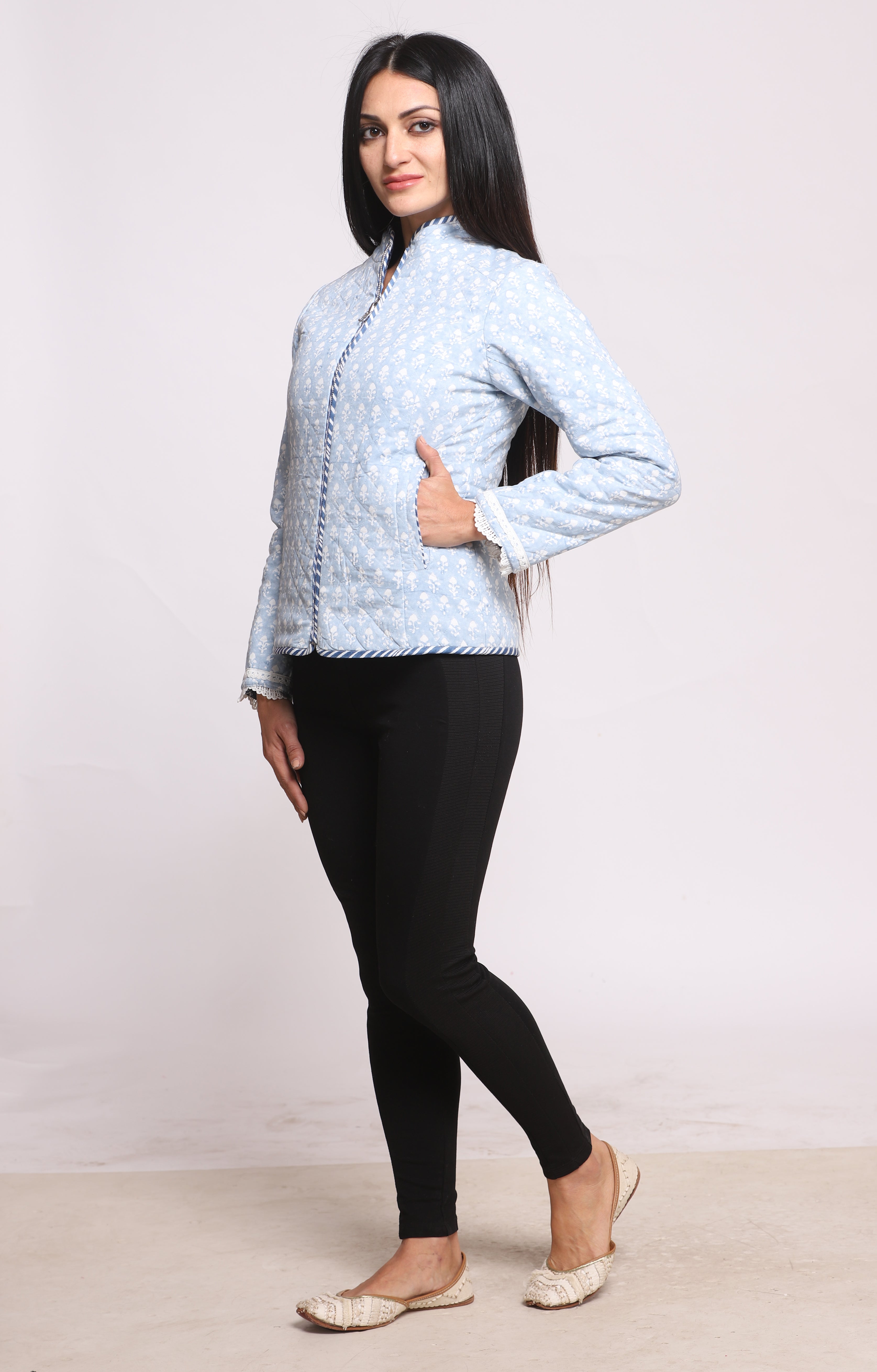 Powder Blue Block Printed Reversible Winter Quilted Jacket