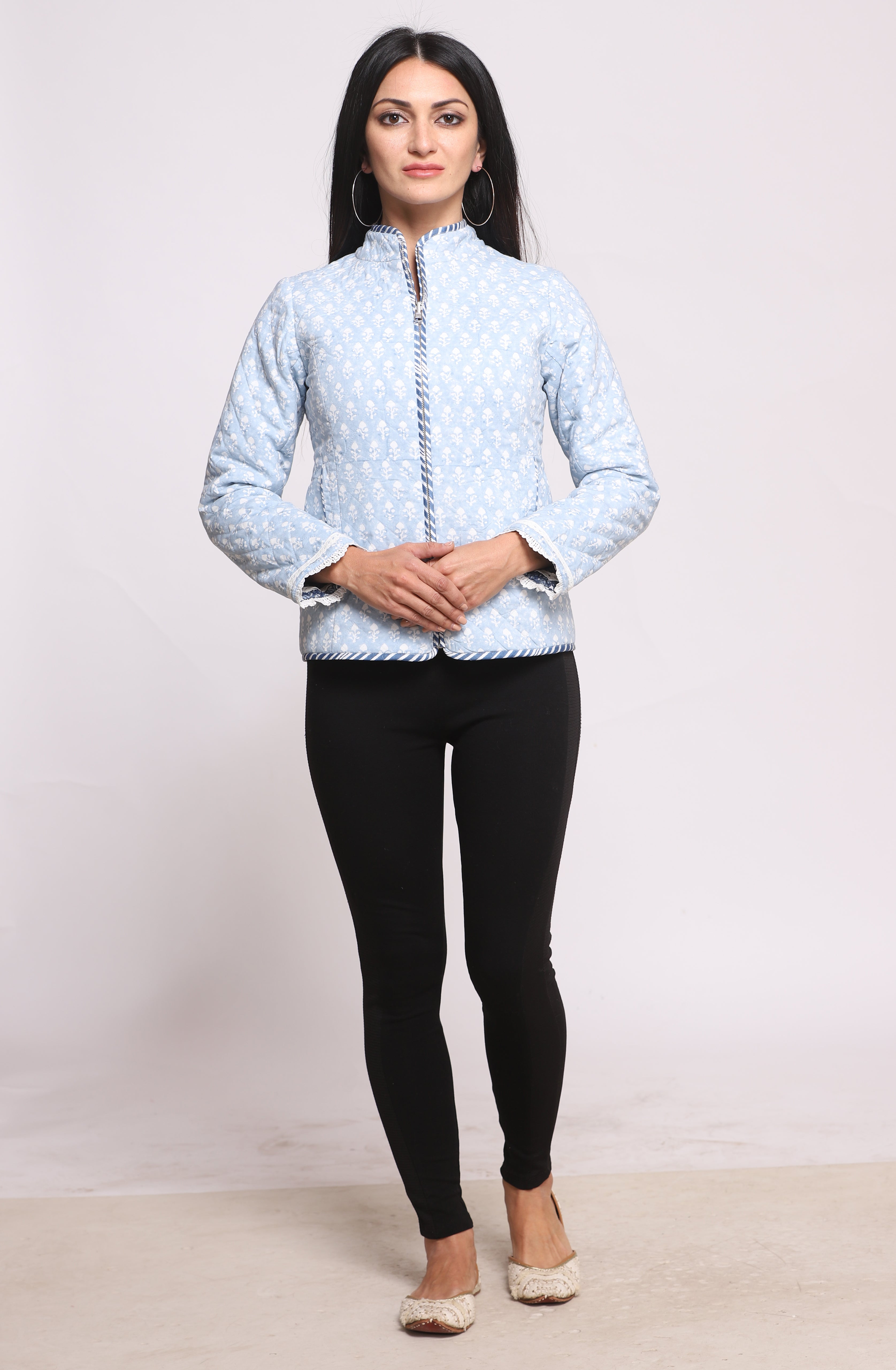 Powder Blue Block Printed Reversible Winter Quilted Jacket