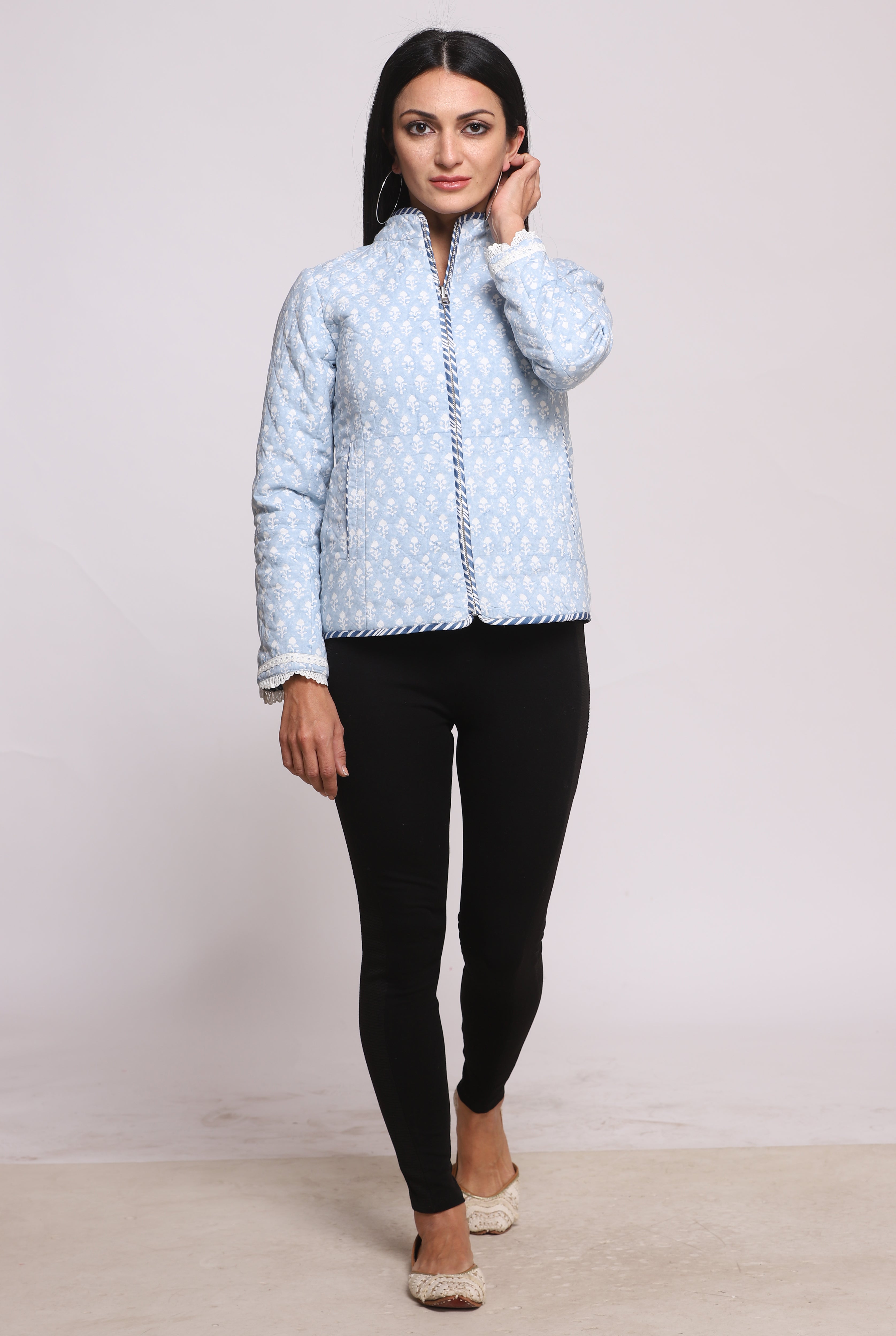 Indigo Silk Block Printed Reversible Winter Quilted Jacket