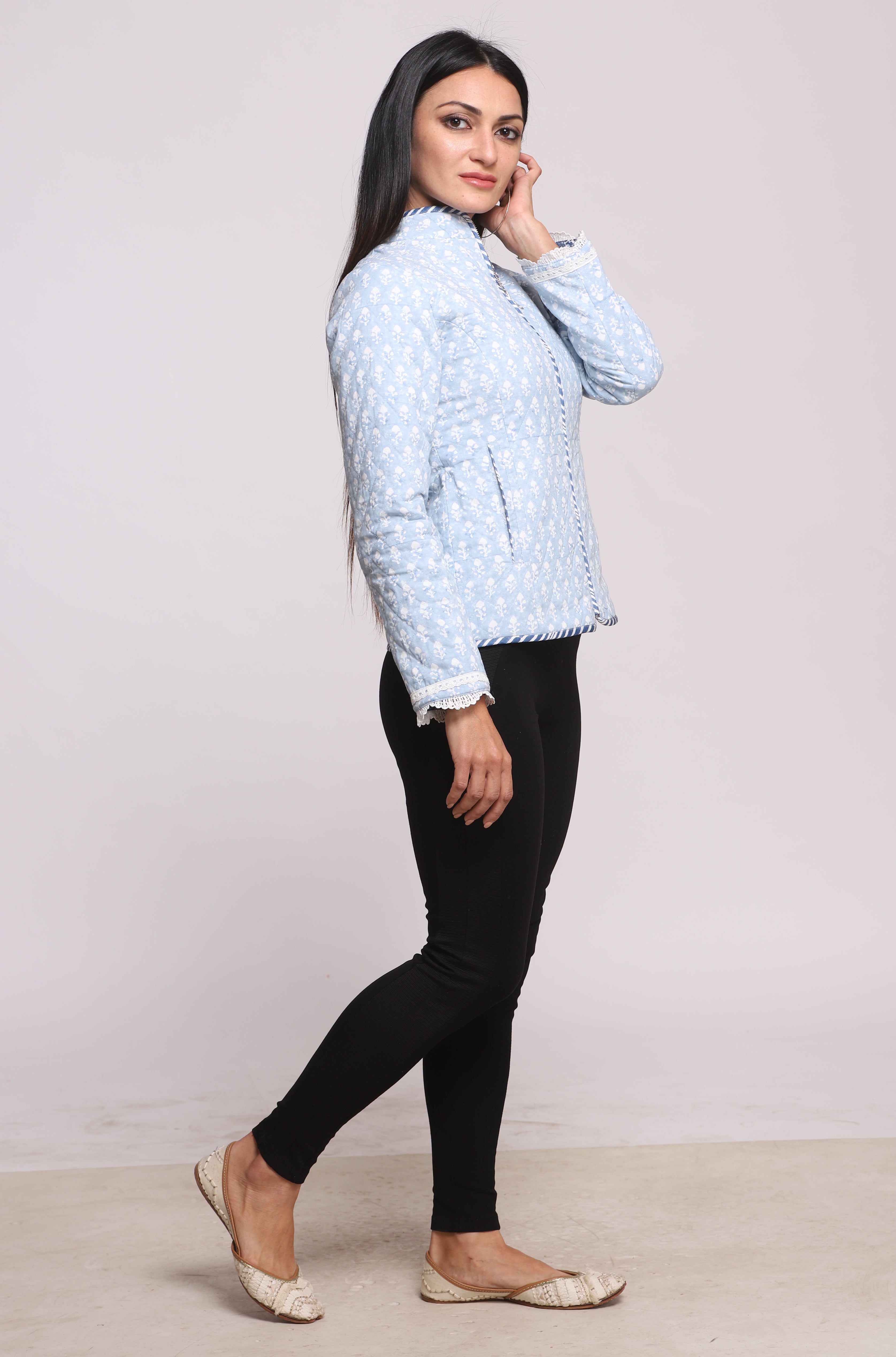Indigo Silk Block Printed Reversible Winter Quilted Jacket
