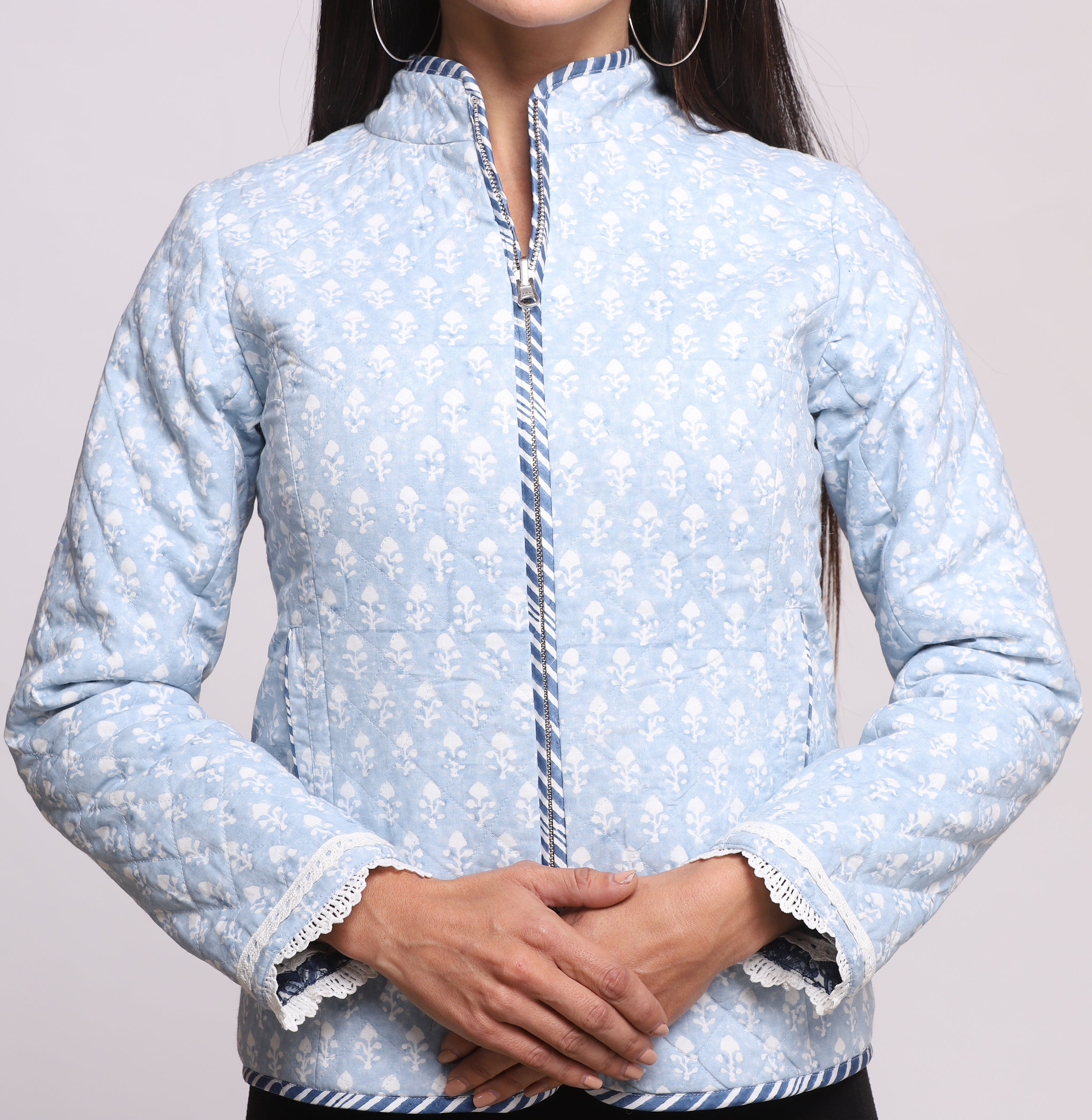 Indigo Silk Block Printed Reversible Winter Quilted Jacket